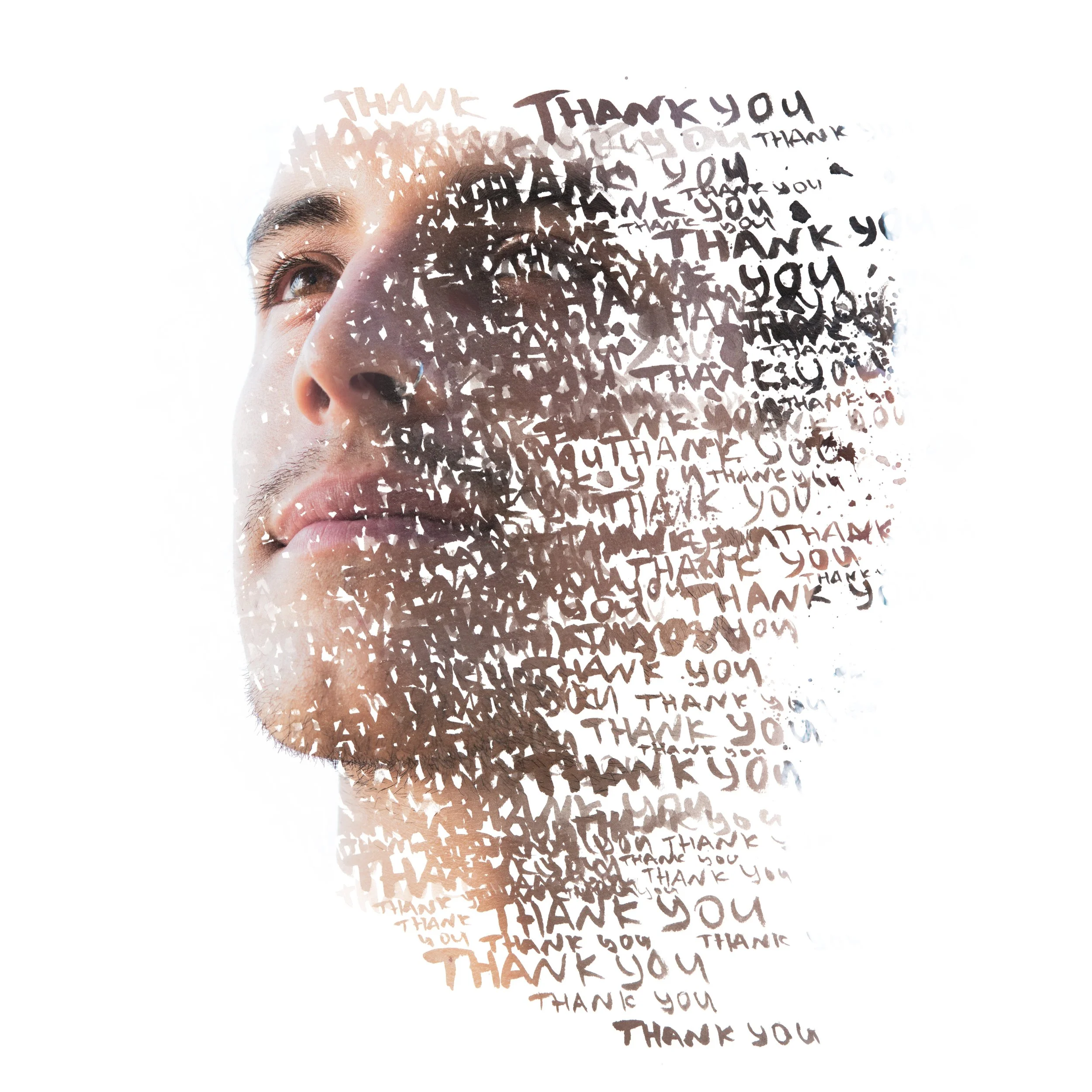 A double exposure image of a man's face with the words 'thank you' written repeatedly, creating an artistic overlay.