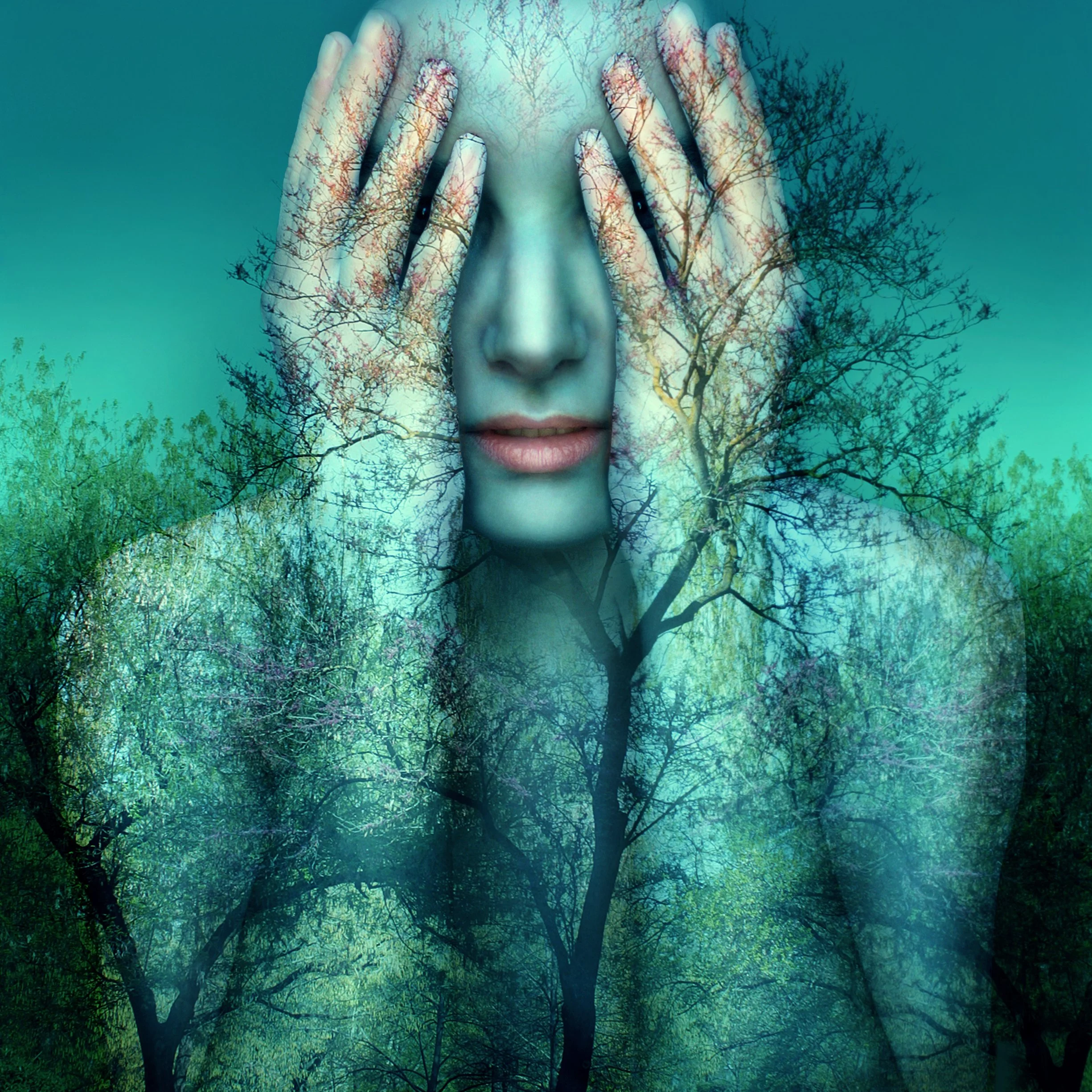 A surreal image of a woman's face with hands covering her eyes, surrounded by a forest of trees, blending human and nature elements.