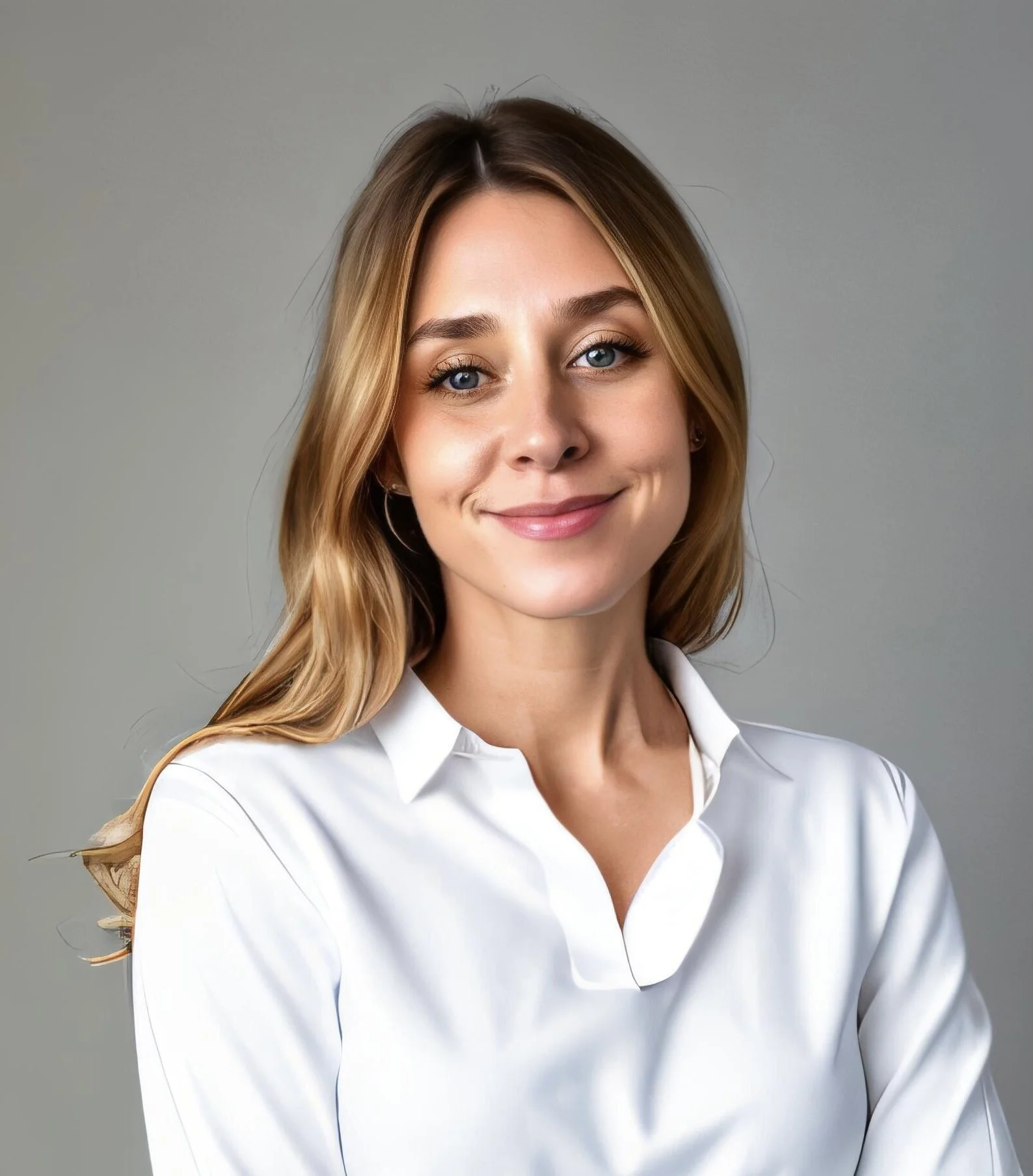 A young woman with blonde hair and blue eyes, smiling, wearing a white collared shirt, against a plain gray background.