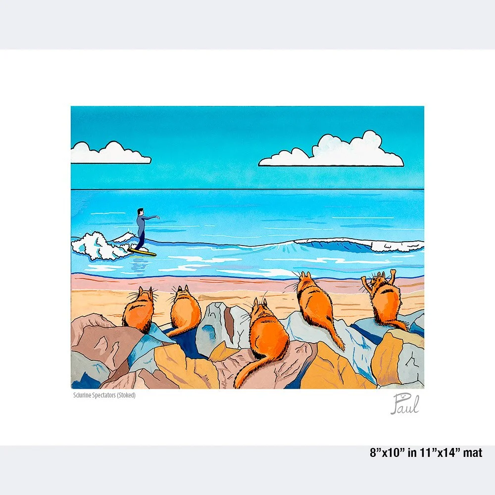 squirrels on boulders watching surfer on ocean wave gouache painting paul marsana 11x14 mat.jpg