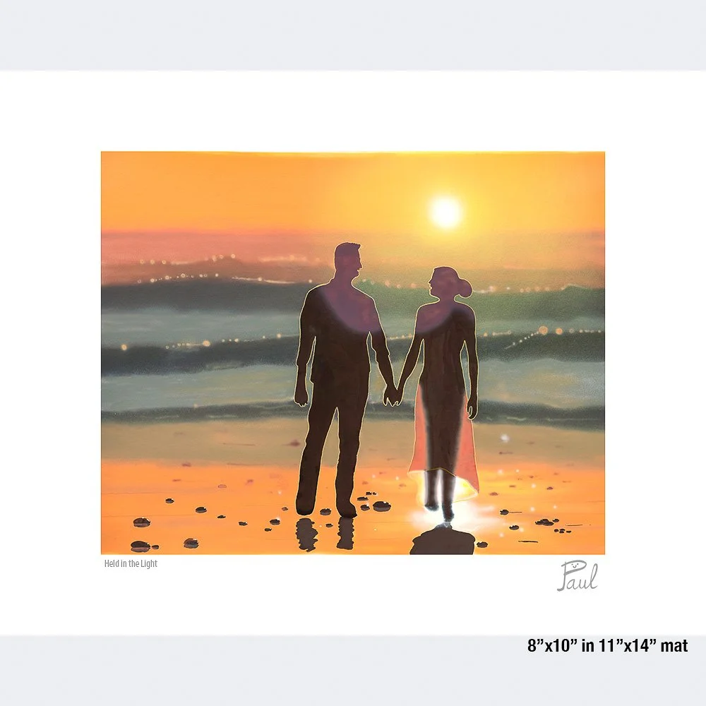 couple silhouettes backlit by sunset out of focus waves in background - paul marsana - 11x14 mat.jpg