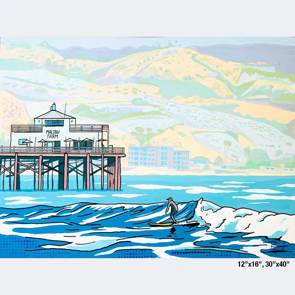 surfer on wave near malibu pier gouache painting paul marsana 3to4.jpg