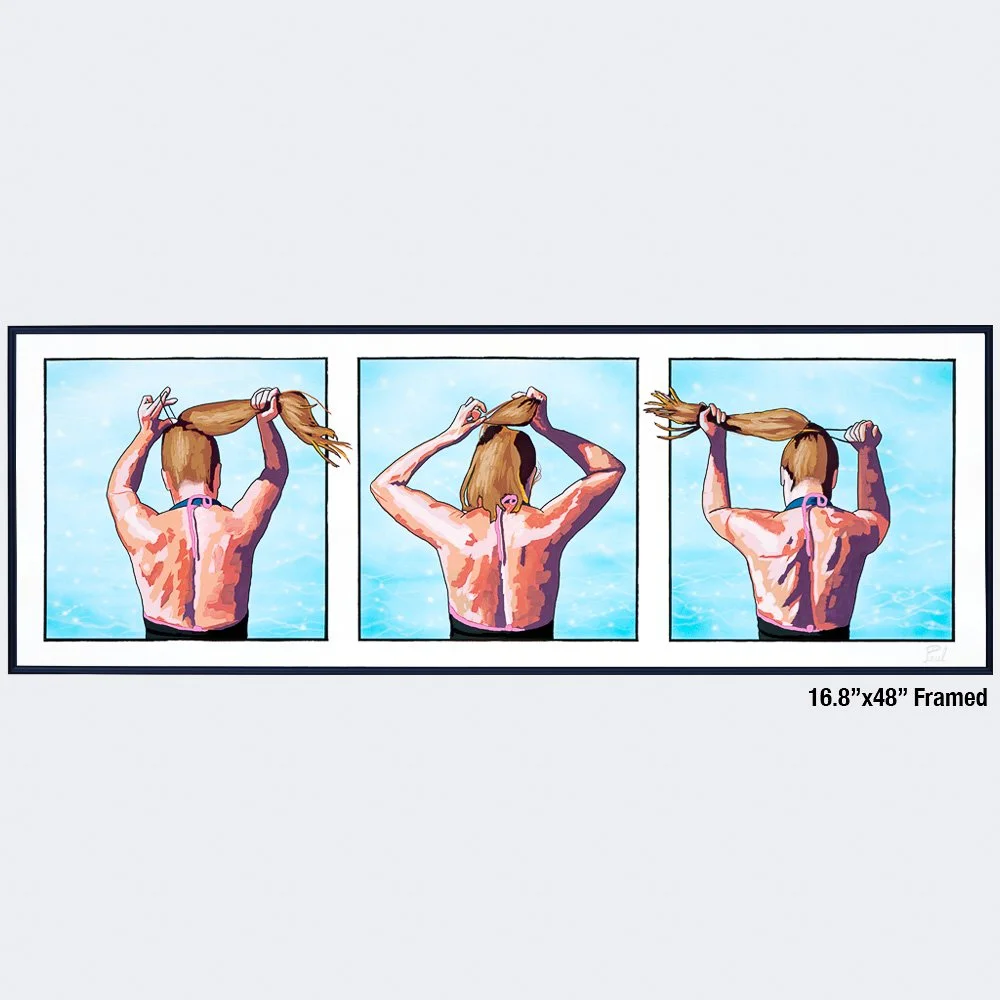 triptych of girl tying hairband - print gouache painting black metal frame 17x48 - paul marsana.jpg