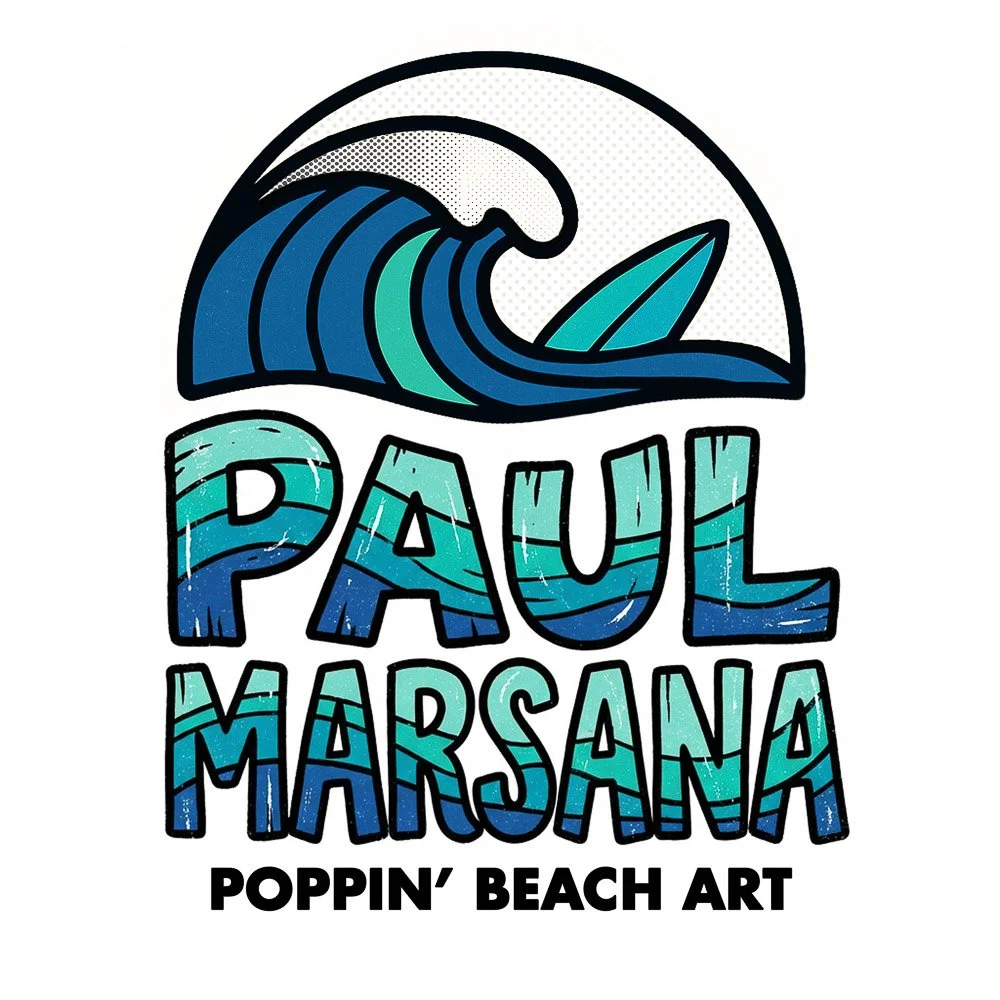 Colorful beach-themed logo featuring a stylized wave and surfboard with the text "PAUL MARSANA" and "POPPIN' BEACH ART" underneath.