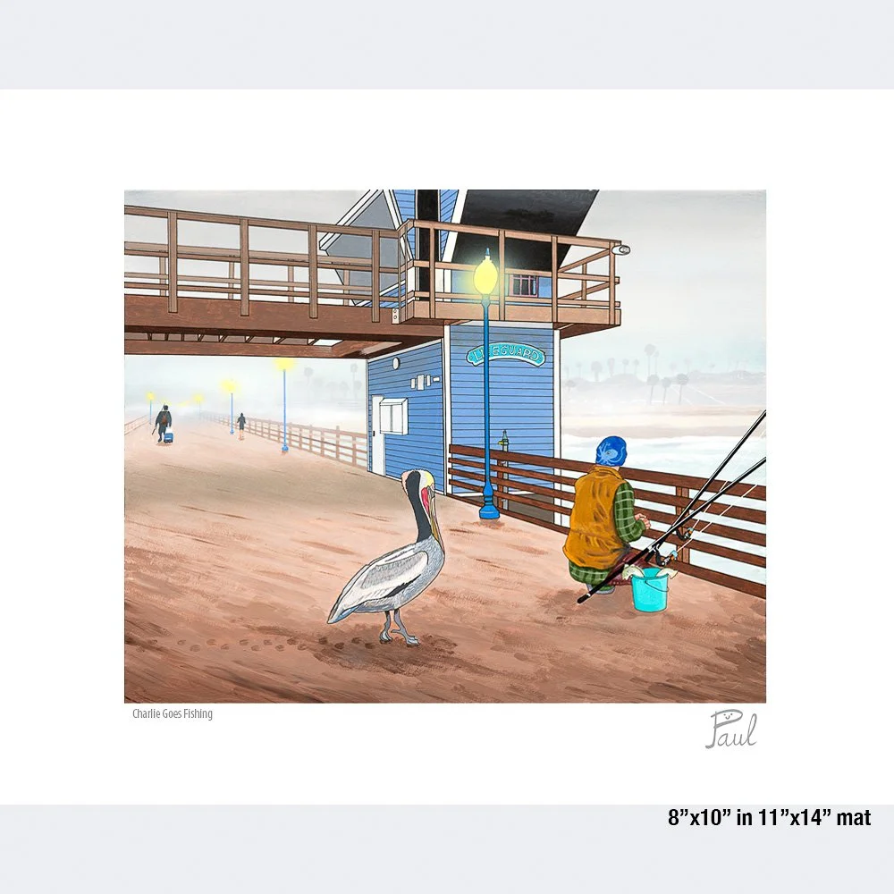pelican sneaks up on fisherman with fish in bucket on the oceanside pier - paul marsana - 8x10 in 11x14 mat.jpg