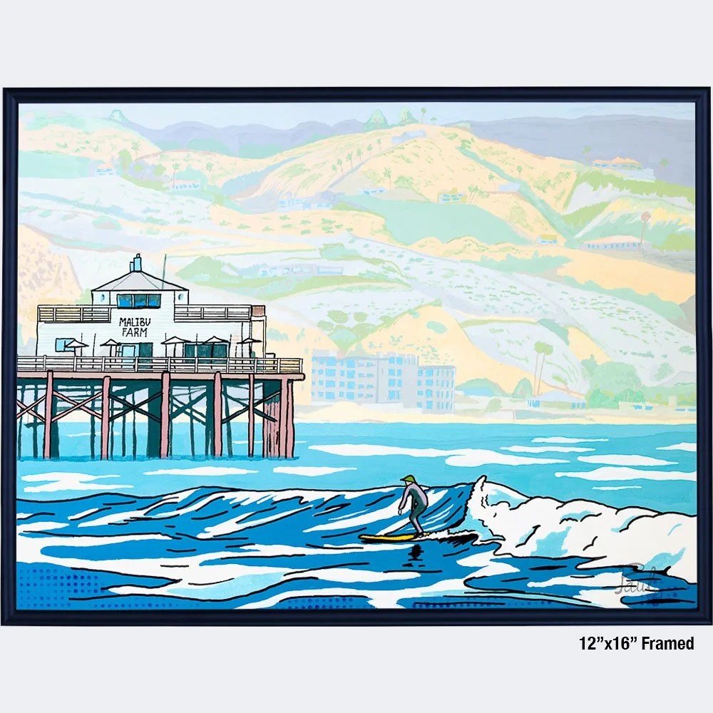 surfer on wave near malibu pier gouache painting paul marsana 12x16 framed.jpg