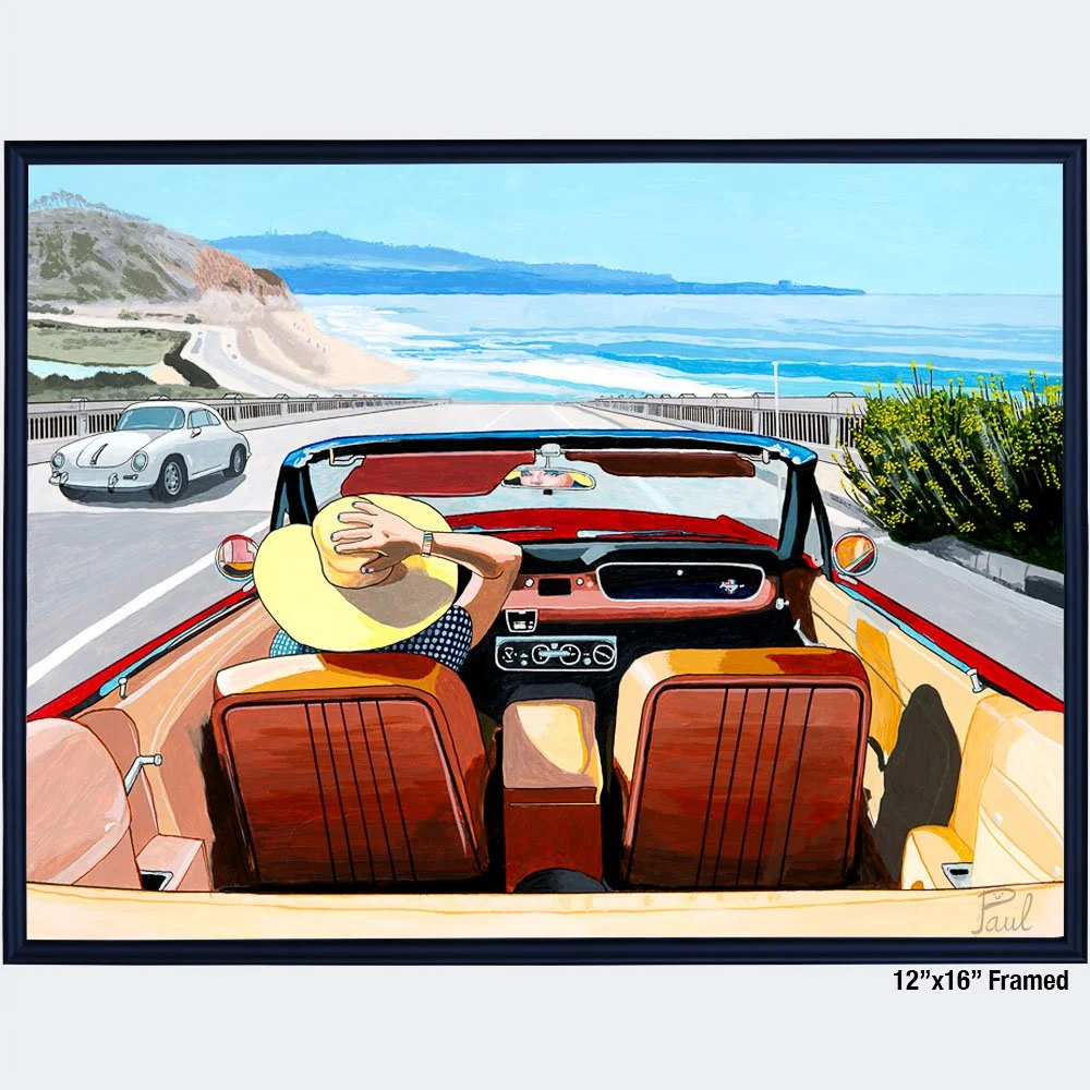 lady holding hat driving CA-101 to La Jolla in 1965 Mustang convertible - Paul Marsana - 12x16 framed.jpg