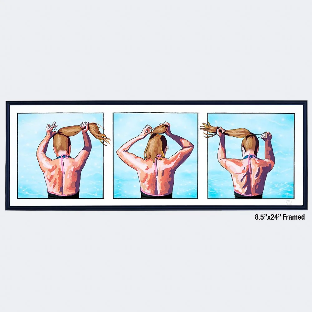 triptych of girl tying hairband - print gouache painting black metal frame 9x24 - paul marsana.jpg