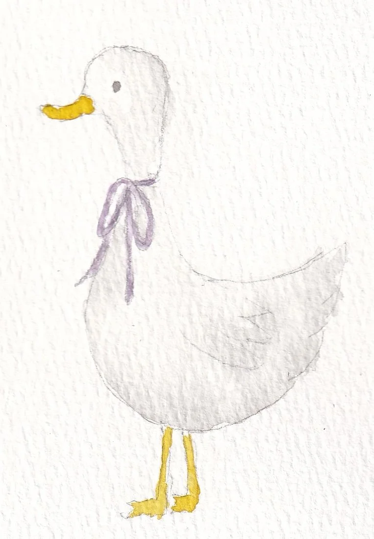 A hand-drawn picture of a goose with a yellow beak and yellow feet, a purple ribbon around its neck, and a light gray body and wings.