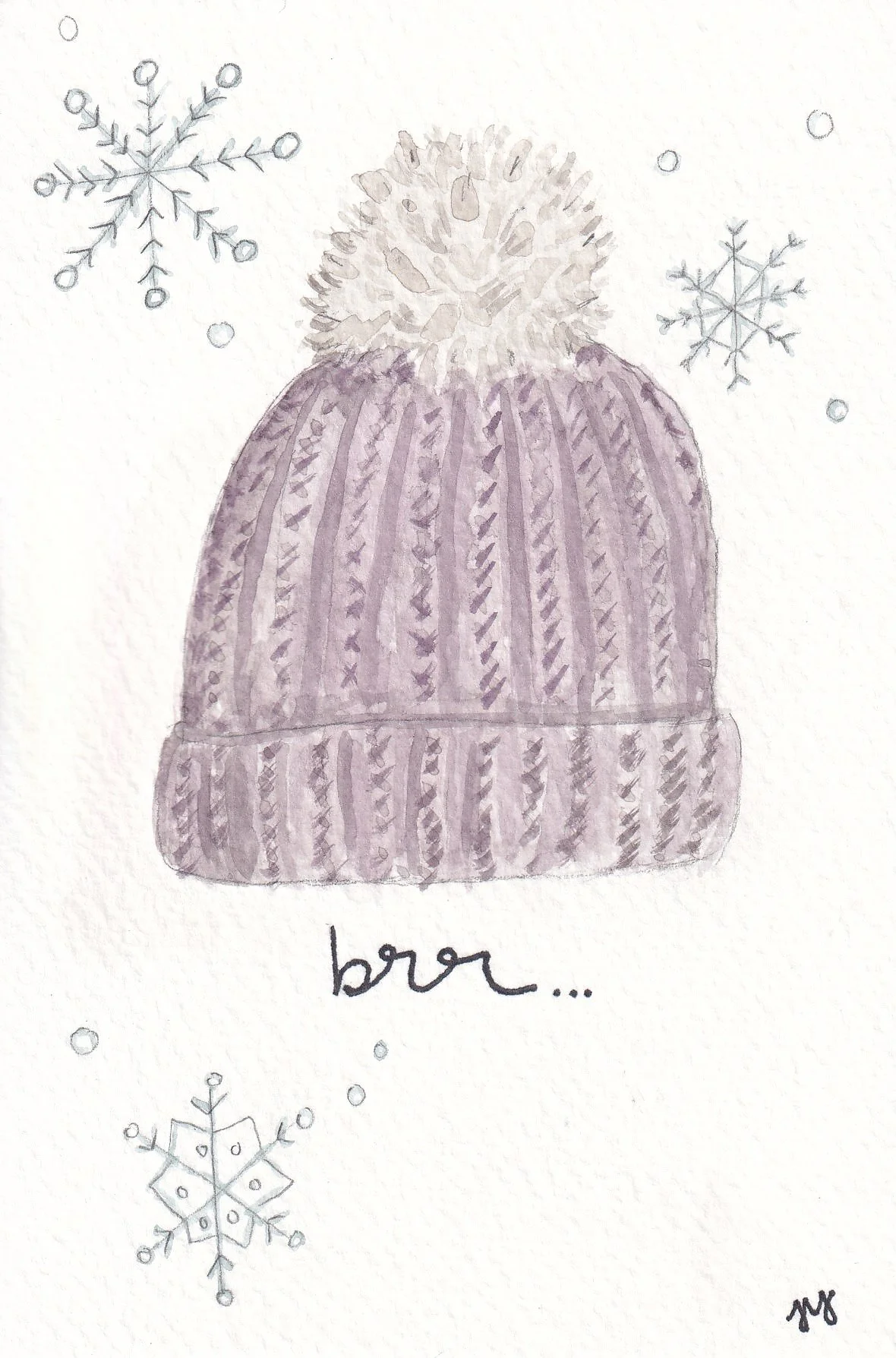 A watercolor illustration of a purple knit beanie with a white pom-pom on top, surrounded by snowflakes, and the word "brr..." written below.