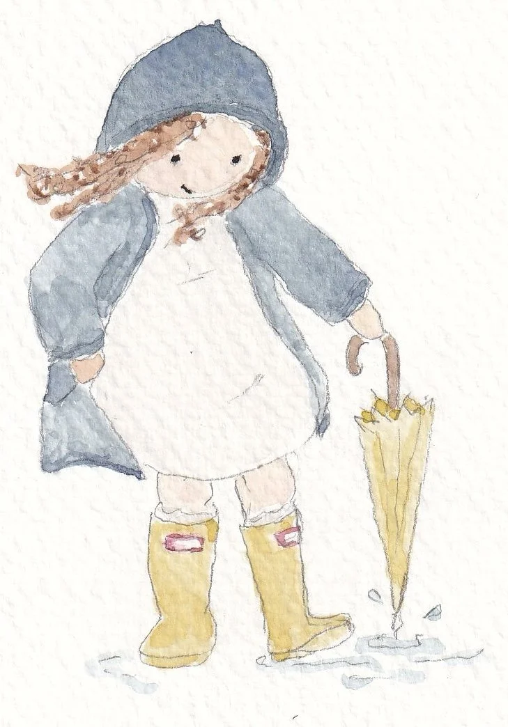 Watercolor illustration of a young girl with light brown hair, wearing a blue hooded jacket, a white dress, and yellow rain boots, holding a yellow umbrella.