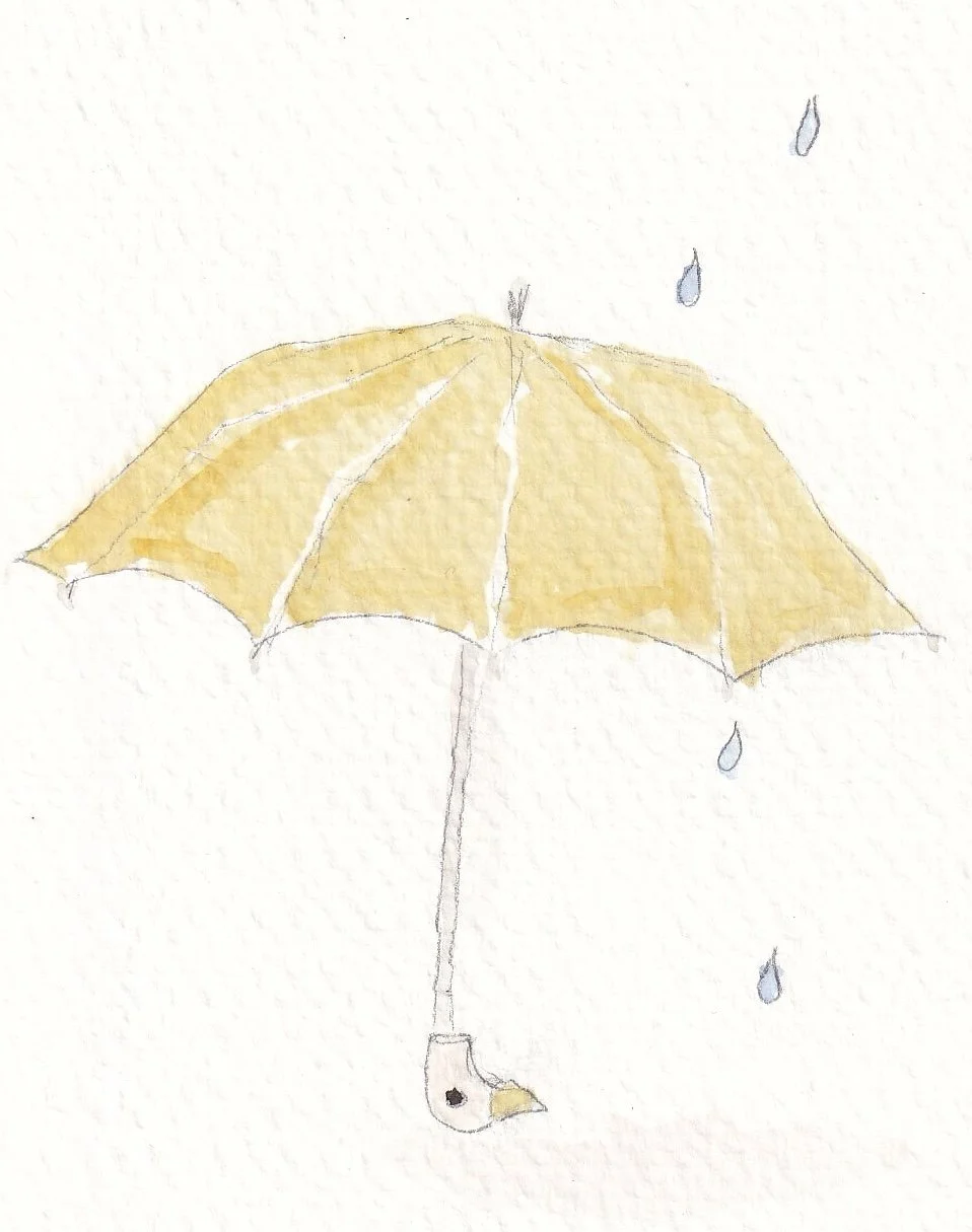 A drawing of a yellow umbrella with a bird's head at the handle, rain droplets falling around it.