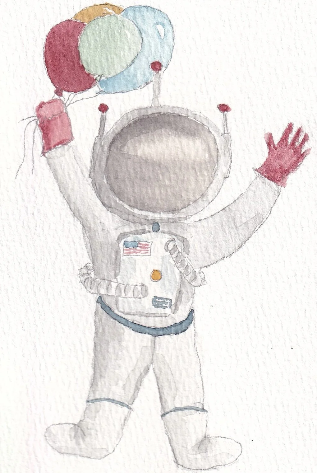 A watercolor painting of an astronaut celebrating with a bunch of colorful balloons and a red glove, waving hello.