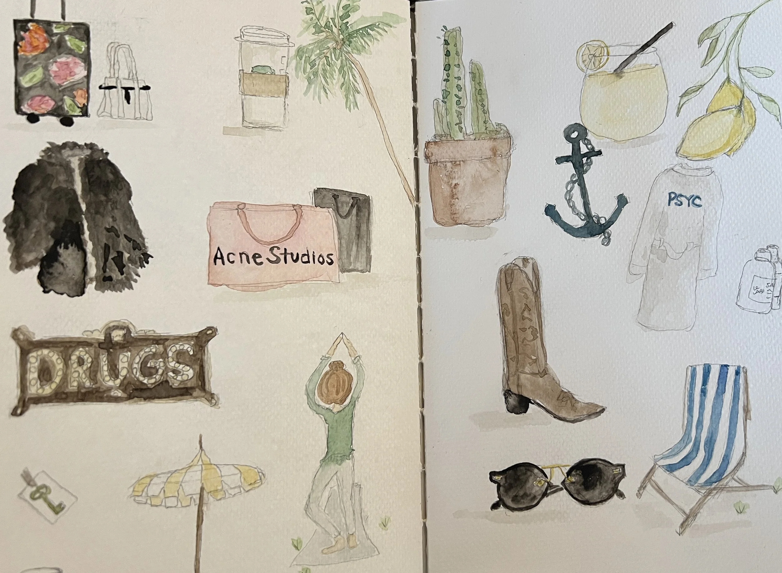 Watercolor sketches of various summer and lifestyle items, including a