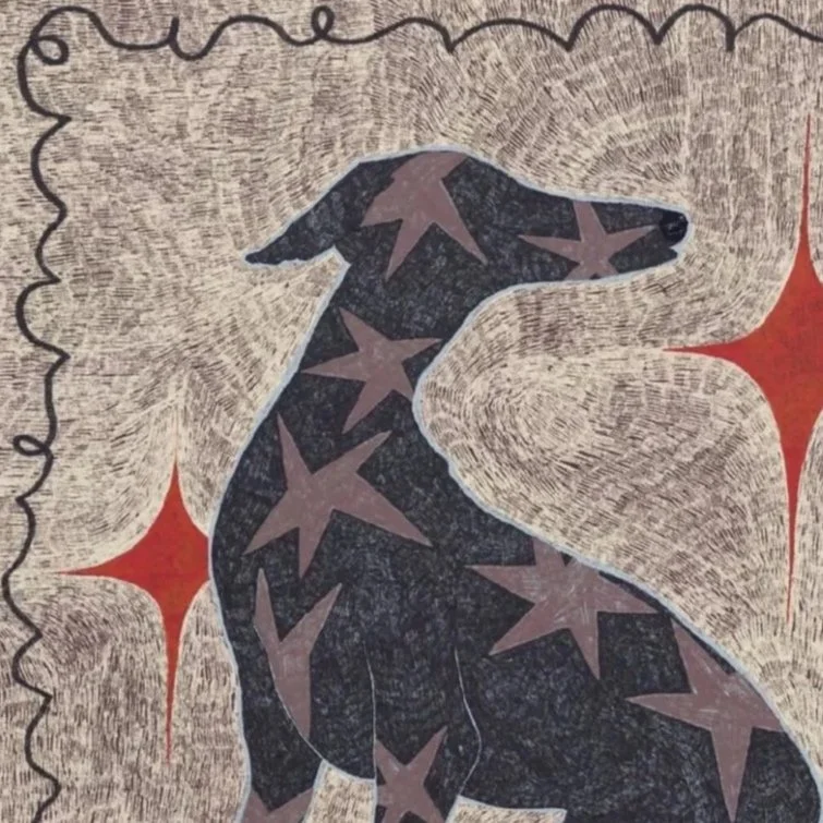 Close-up detail of a hand-drawn illustration featuring a lanky dog in a loose, expressive line drawing style.