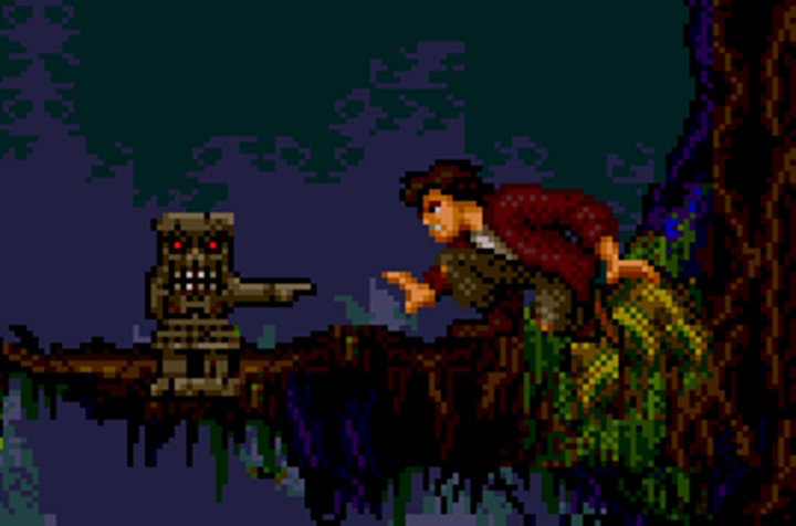A pixel art scene of a woman crawling on a tree branch in a dark forest, pointing at a small creature with red eyes, sharp teeth, and a wooden body.