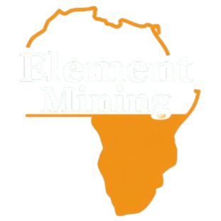 Logo with a stylized map of Africa in orange and the words 'Element Mining' in multicolored text.