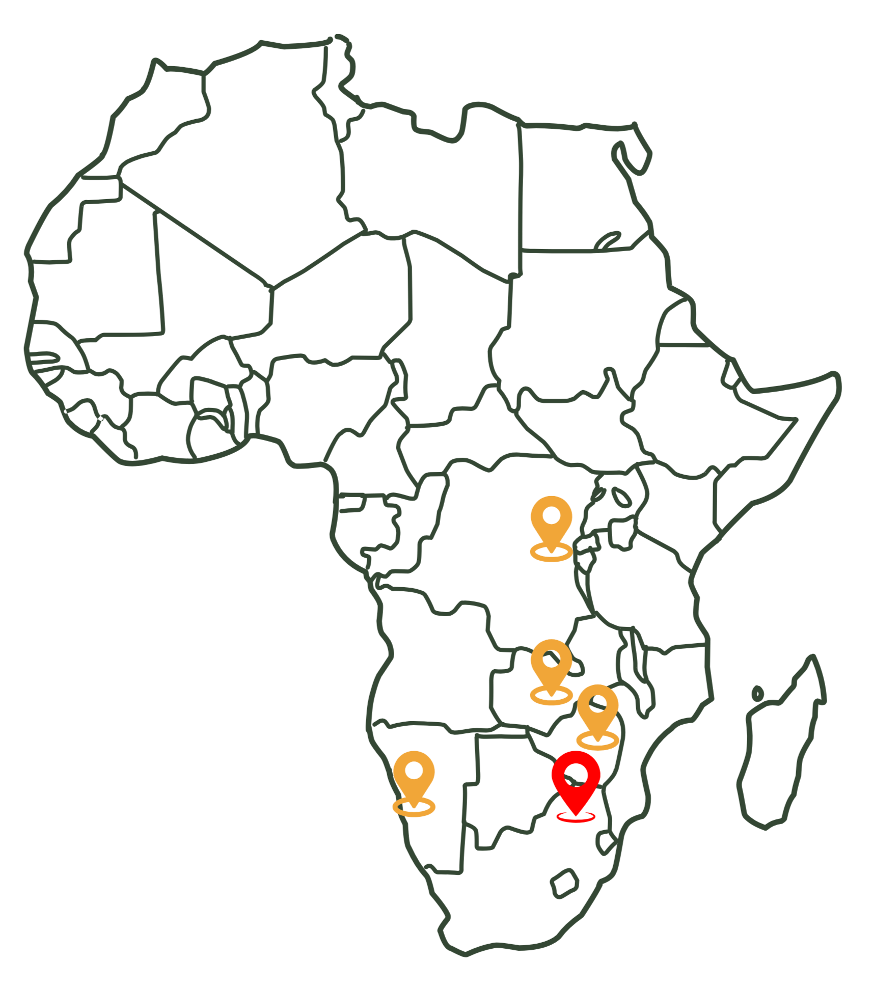 Map of Africa with specific countries marked by pins, including one in Tanzania highlighted in red.