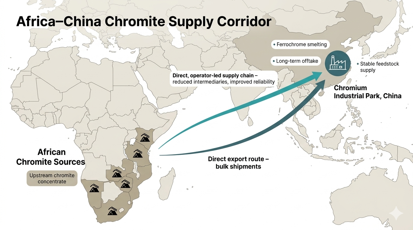 Map showing the Africa-China Chromite Supply Corridor with sources in Africa, including several mining locations in South Africa, and shipping routes to China for chromium export, highlighting direct supply chain and processing stages.
