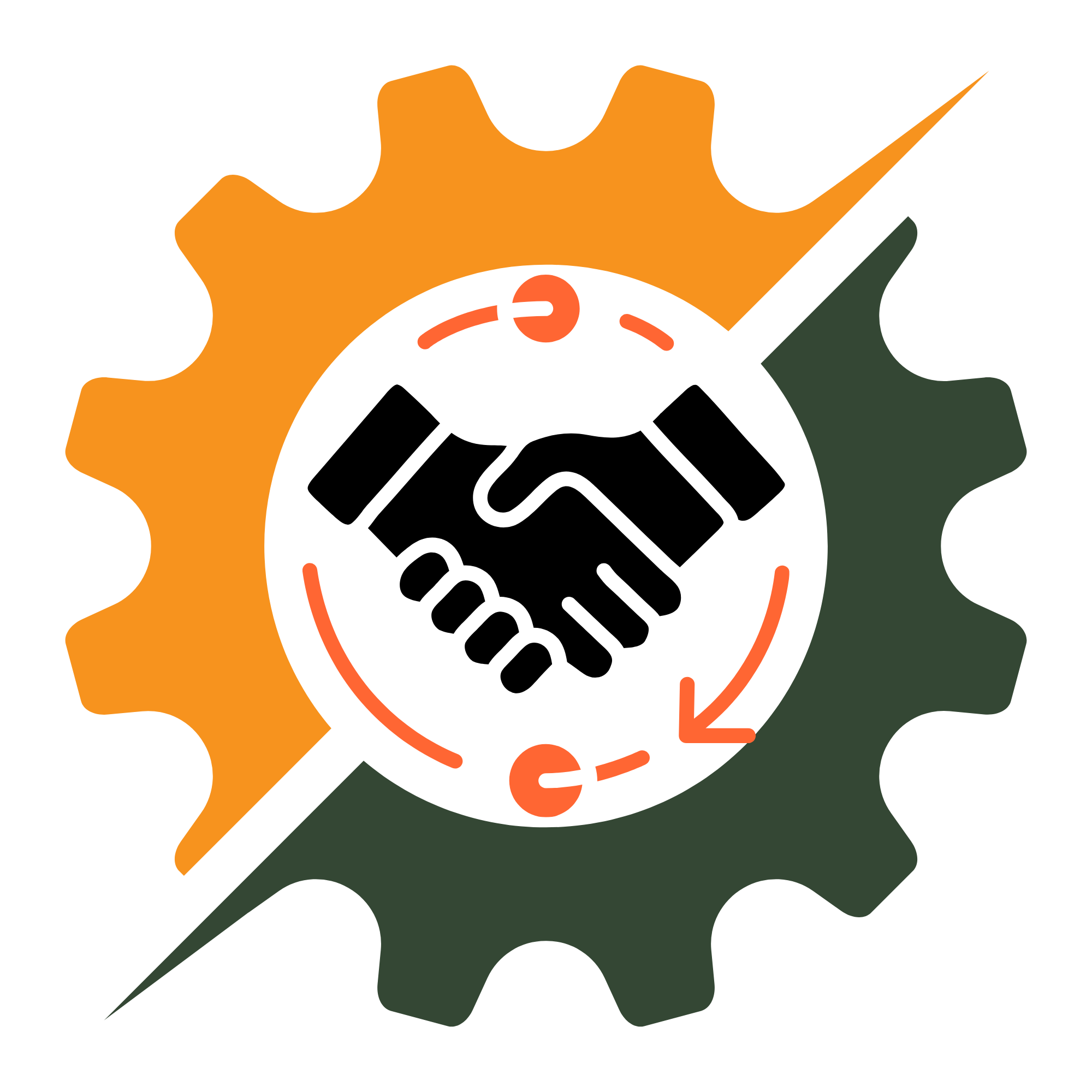 A gear icon with orange and green sections, featuring a black center with an orange recycling or refresh arrow.