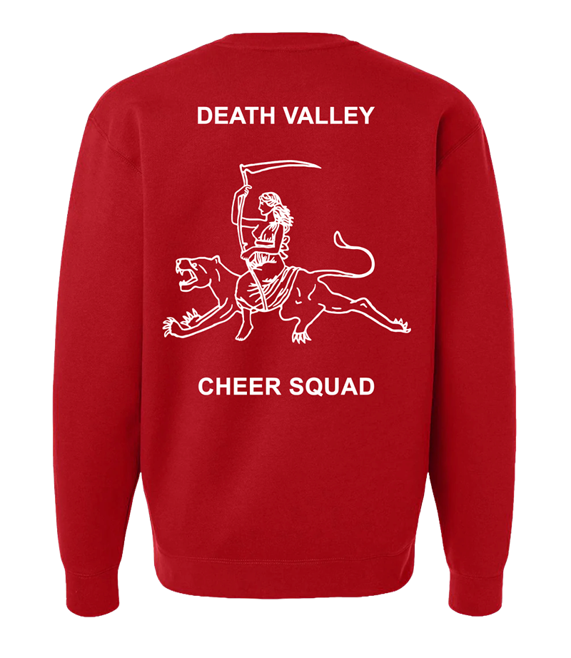 A red crewneck sweater with the Death Valley Cheer Squad logo on the back