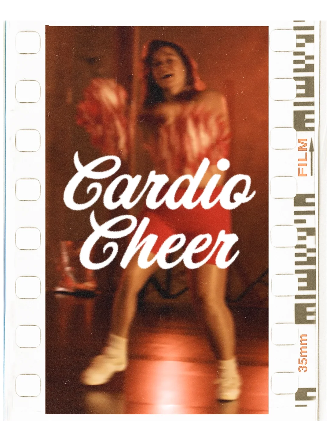 Film frame of a girl dancing with pom poms and a "Cardio Cheer" text overlay