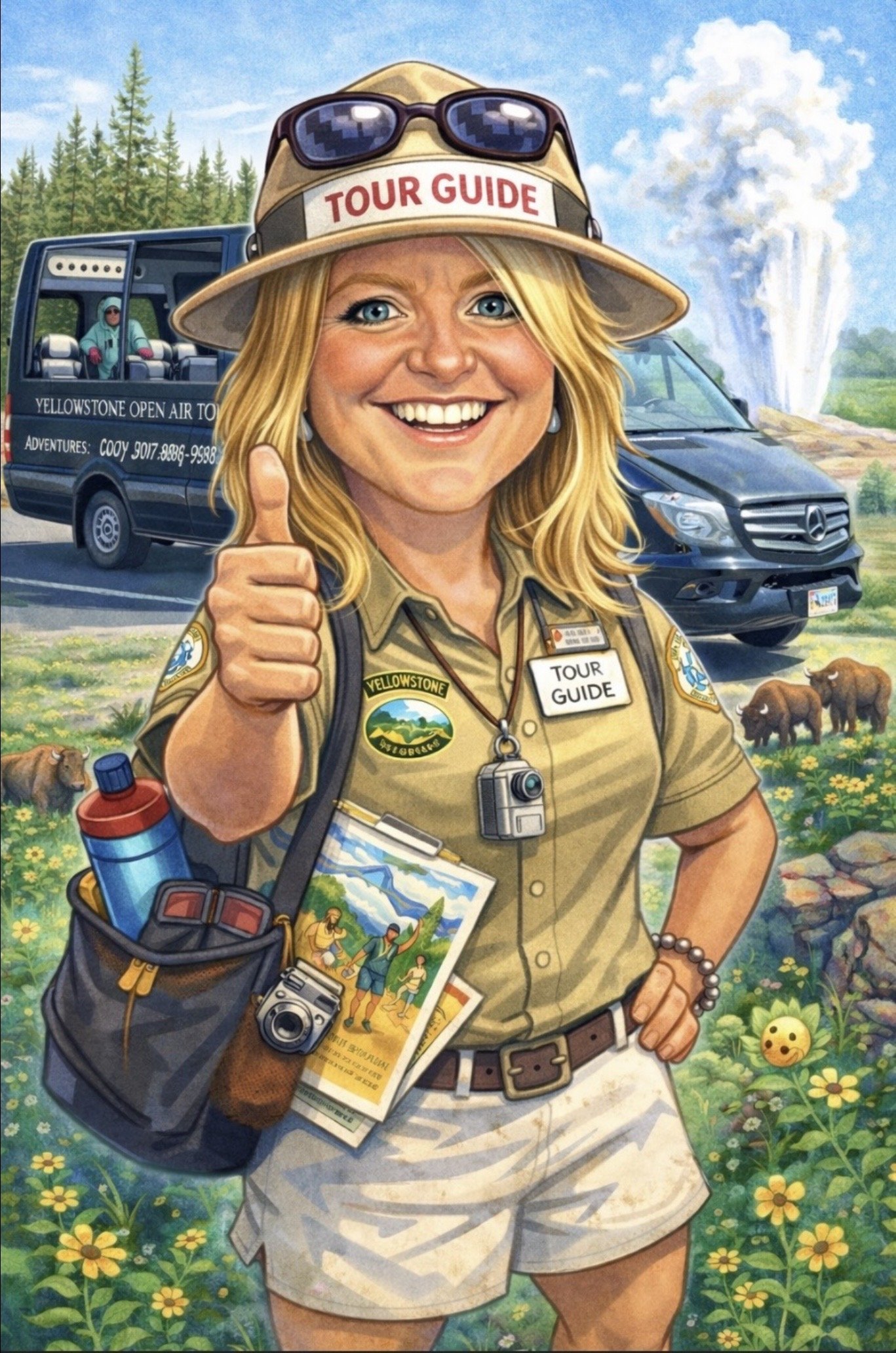 A woman dressed as a tour guide standing outdoors in a field of yellow flowers with mountains and geysers in the background, giving a thumbs-up gesture, with a tour van and wildlife in the distance.