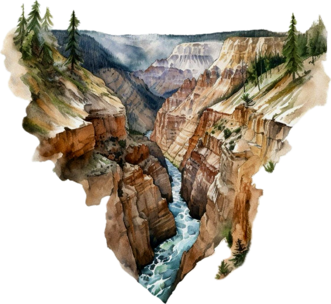 Watercolor painting of the Grand Canyon featuring layered rock formations, a flowing river at the bottom, and evergreen trees on the canyon rim.