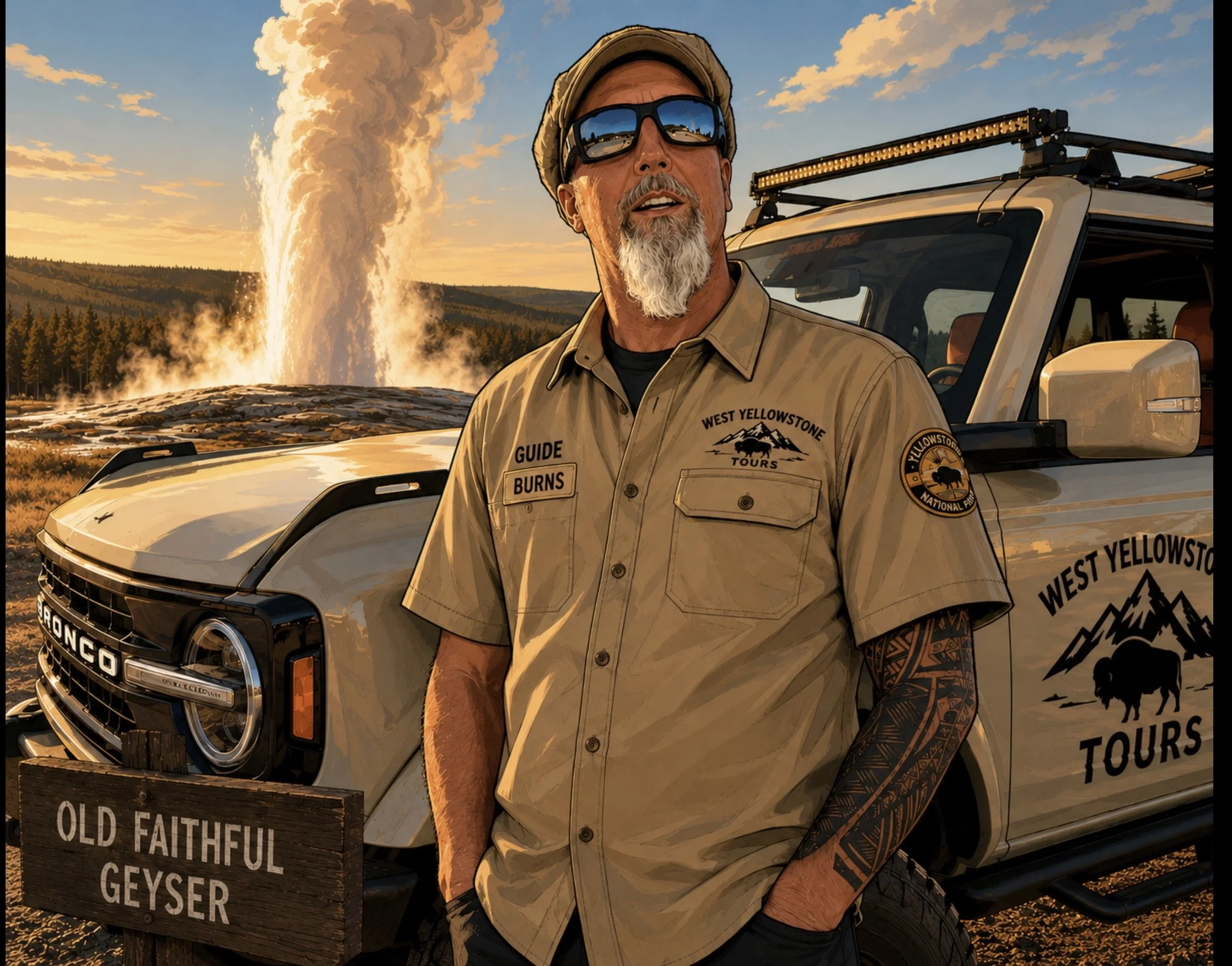 A man with tattoos wearing sunglasses and a tan shirt with patches, standing outdoors near a white off-road vehicle during sunset. Behind him, there is a geyser erupting with steam and water, in a forested landscape.