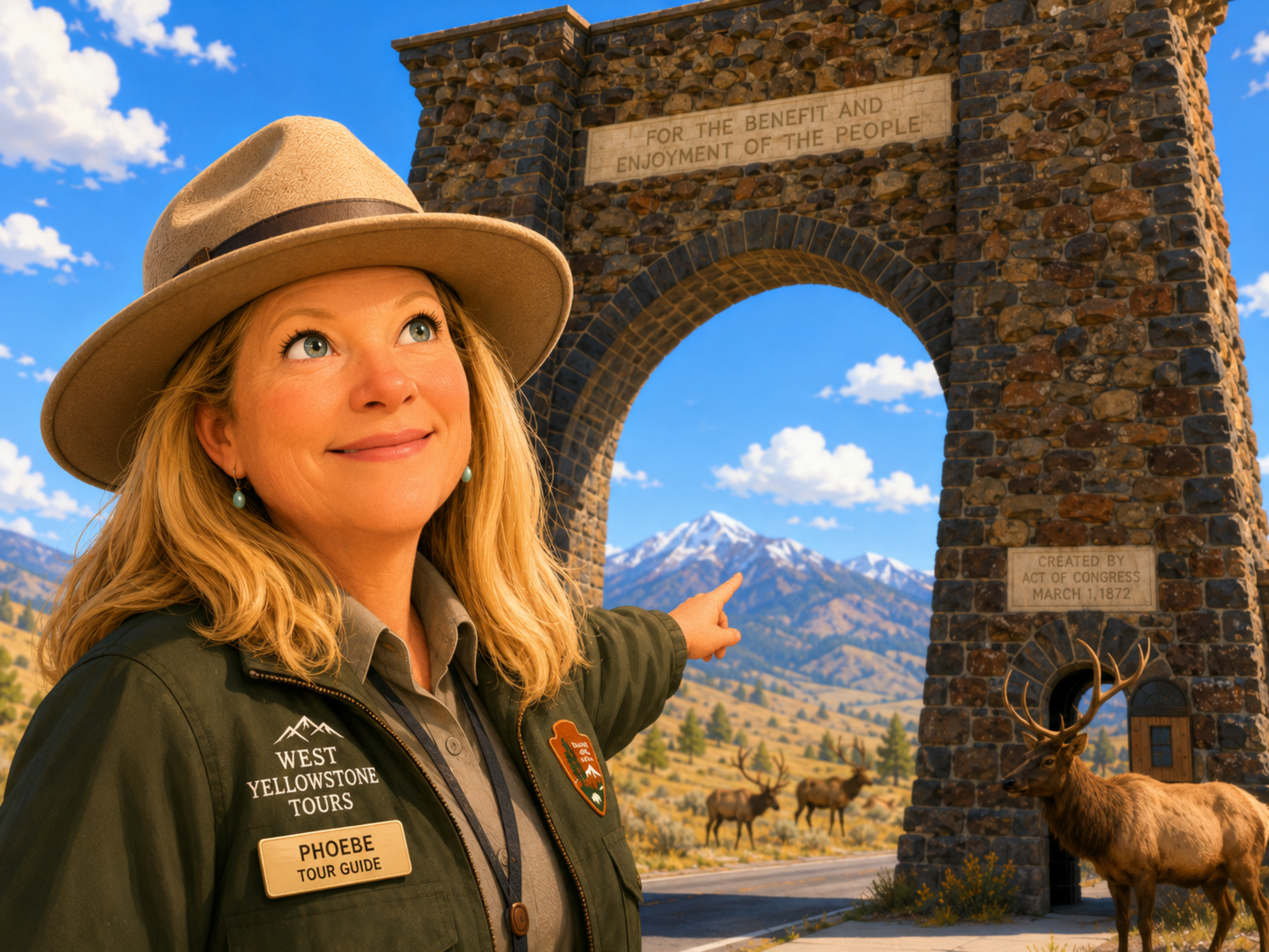 A woman with long blonde hair wearing a tan hat and outdoor jacket points to a stone arch monument with a mountain range in the background. She has a name tag that reads "Phoebe" and a badge indicating she is a tour guide for Yellowstone Tours. The monument has an inscription and a deer statue underneath it, with elk grazing nearby and snow-capped mountains in the distance under a partly cloudy sky.
