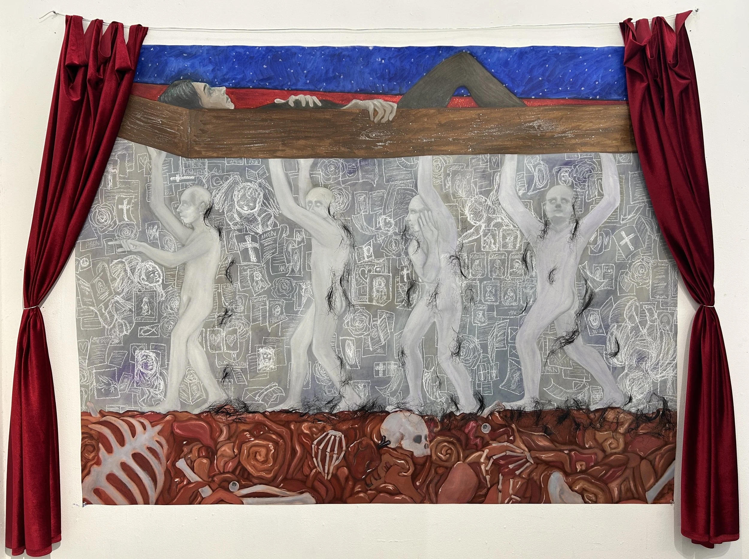 "My Death (Glitter and Carnage)"
Oil, glitter, and hair on canvas, velvet and wire
Spring 2025