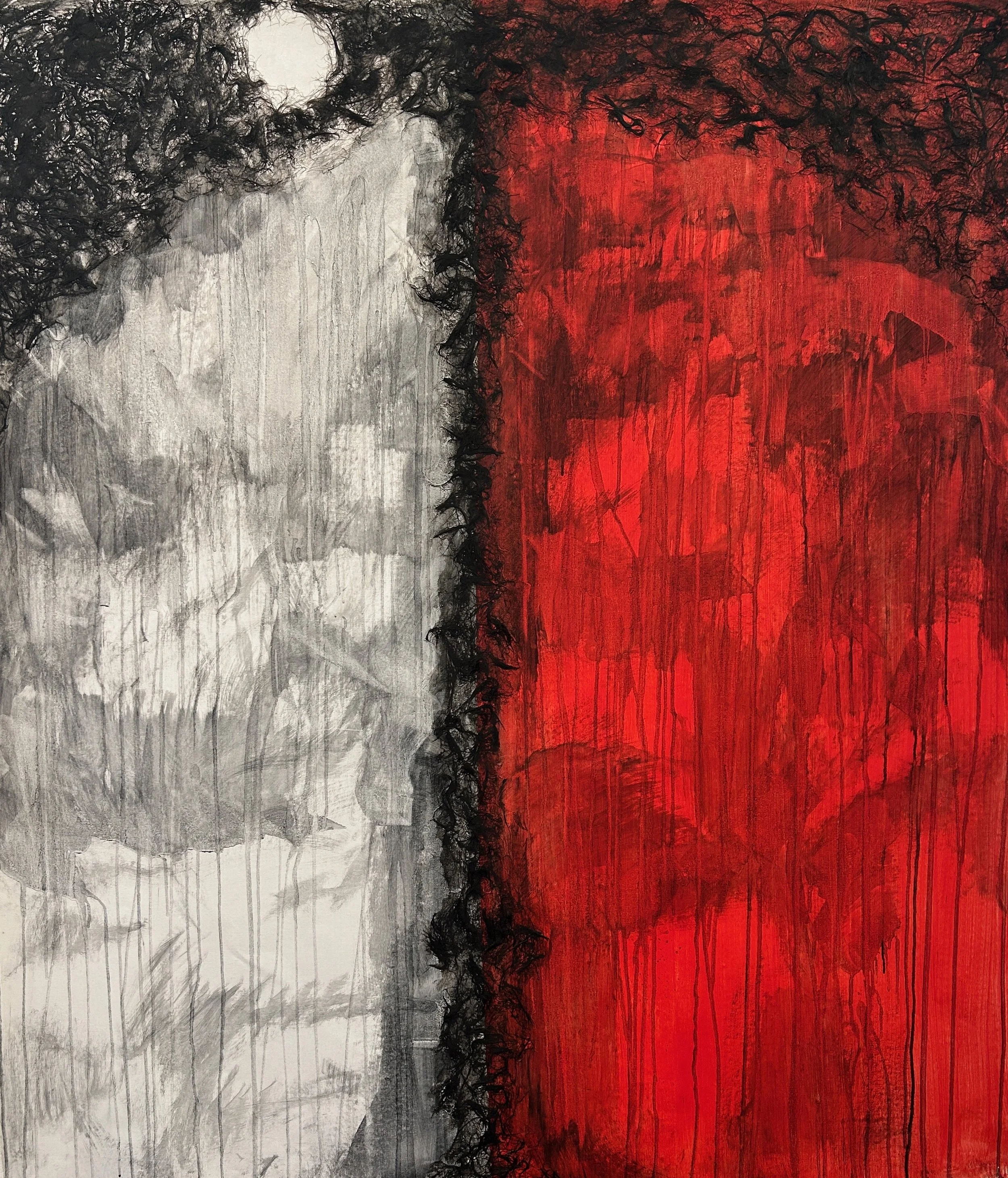 "Driving Angels Down II"
Acrylic paint. charcoal dust, and hair on canvas
July 2026