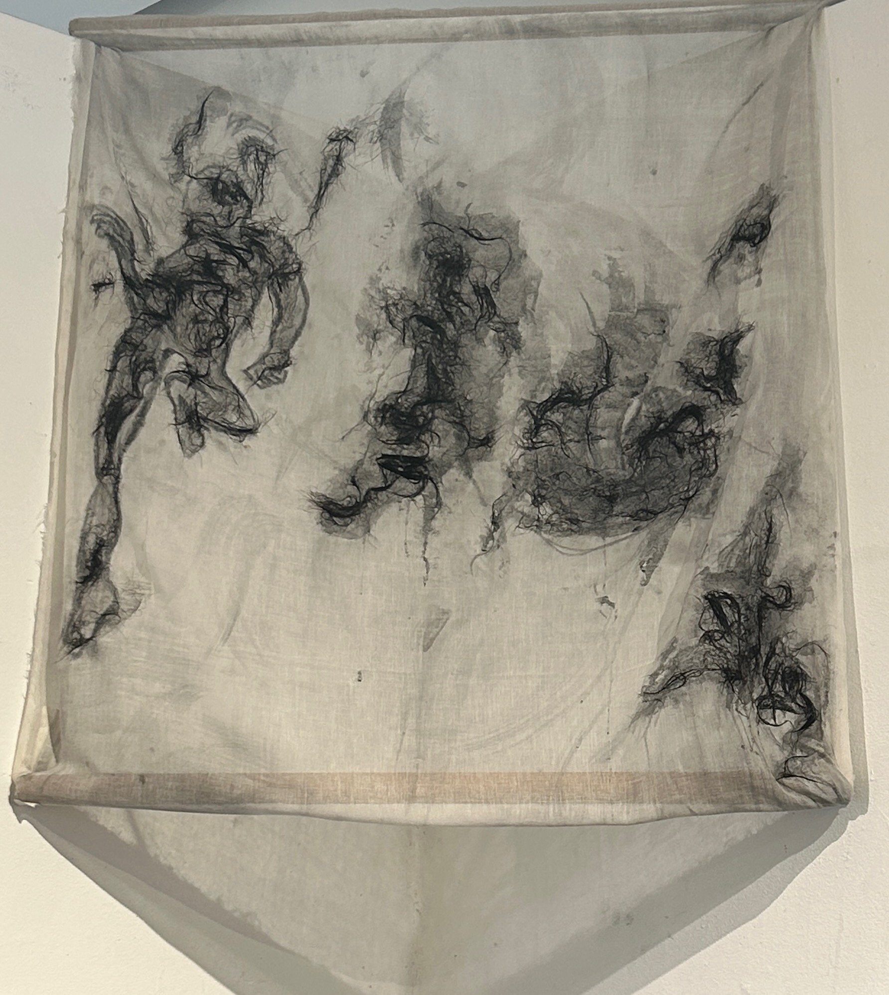 "They don't dance like us"
Hair and charcoal dust on cheesecloth
July 2026