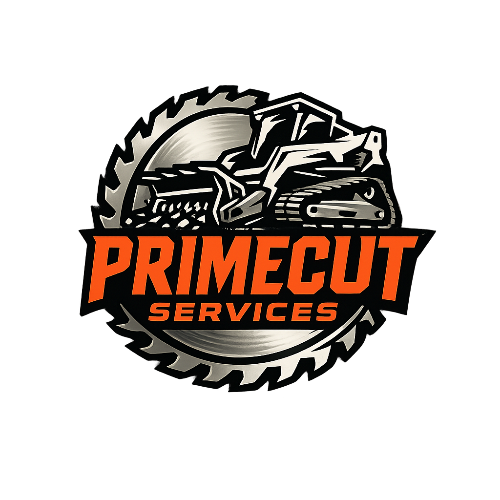 A logo for PrimeCut Services featuring a circular saw blade and a bulldozer, with the text 'PrimeCut Services' in bold orange letters.