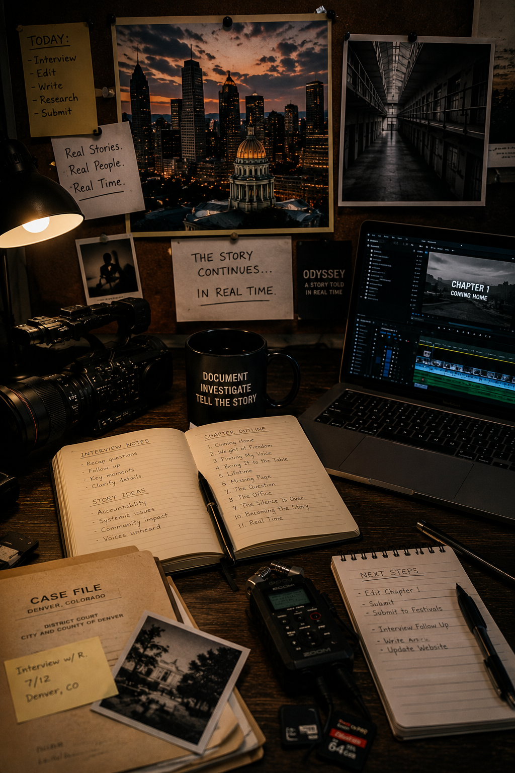 A workstation with a camera, open notebook, laptop displaying video editing software, and various notes and photographs, with a cityscape poster in the background.