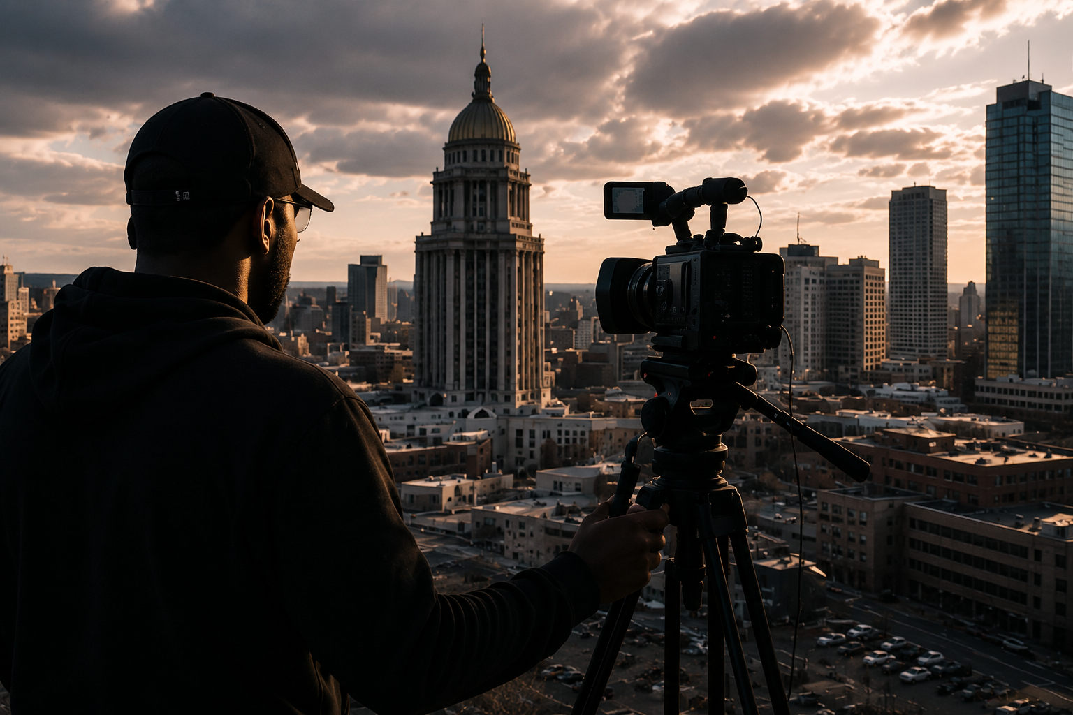 A person operating a professional camera on a tripod, capturing the city skyline at sunset with tall buildings and a prominent dome-shaped building in the background.