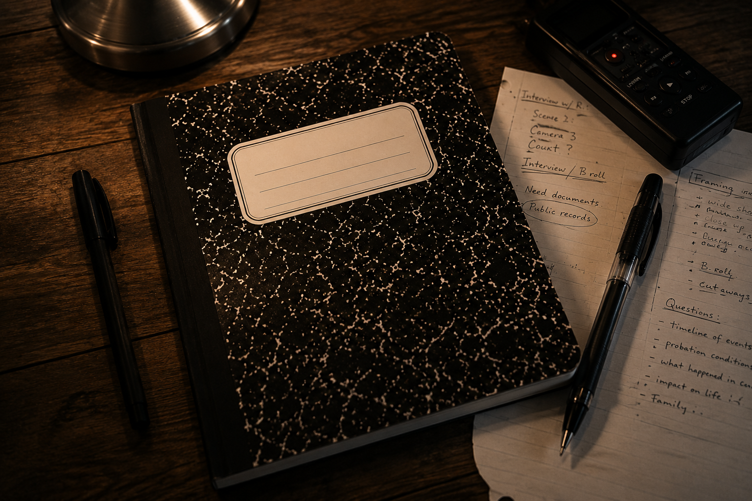 A black and white speckled notebook, a black marker, a pen, a remote control, and handwritten notes on lined paper placed on a wooden surface.
