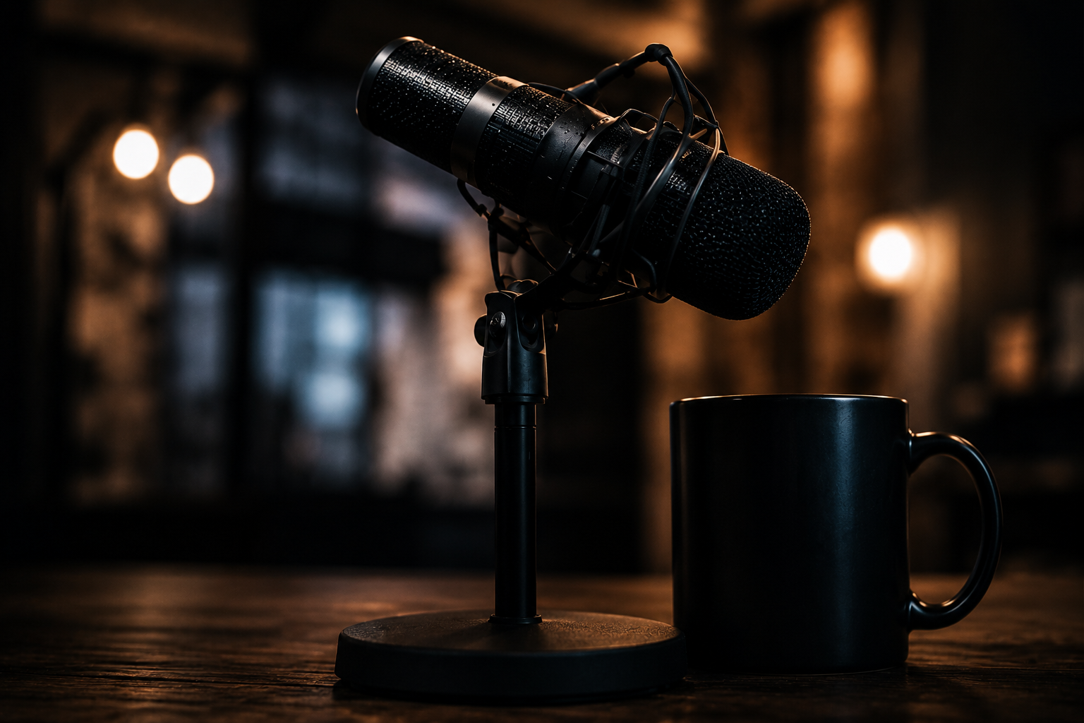 A black microphone on a stand next to a black mug, in a dimly lit room with warm lights in the background.