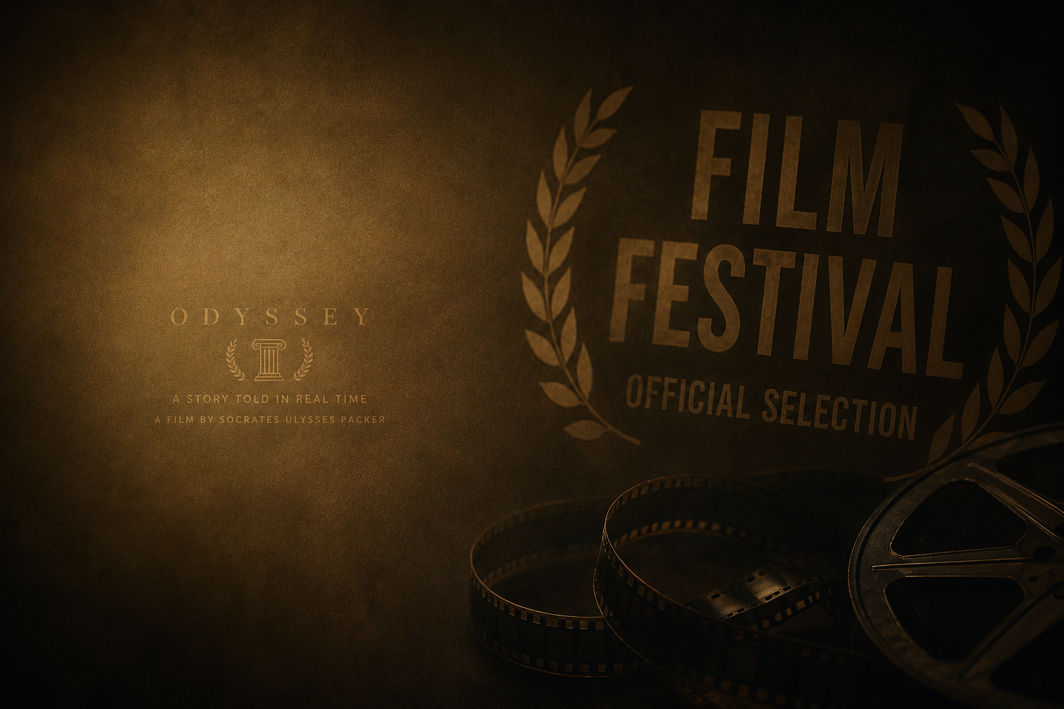 Dark background with gold film reel, film strip, and film festival Award decal, showcasing film-related elements.
