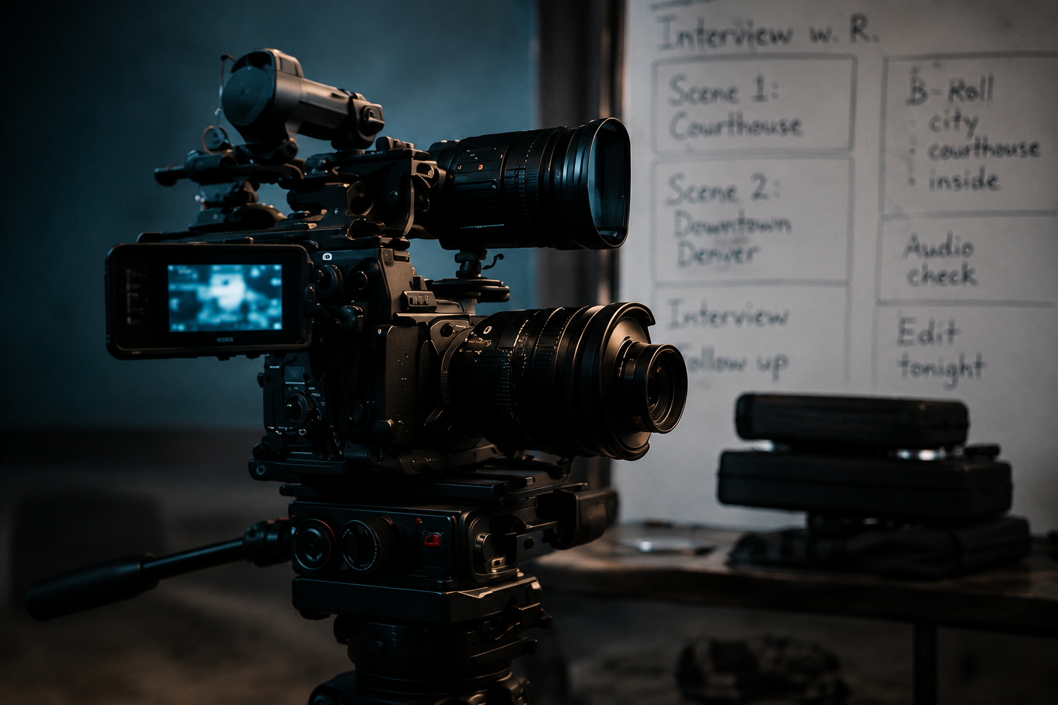 A professional video camera setup on a tripod in a studio, with a whiteboard and stacked black cases in the background.