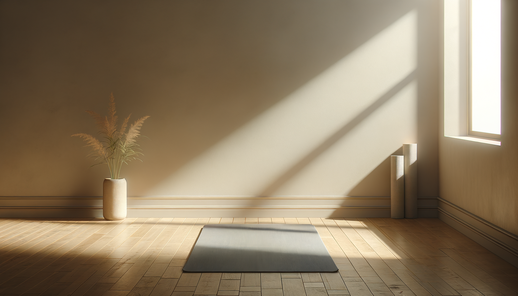 A minimalist room with sunlight streaming through a window, casting shadows on the wall and floor. There is a yoga mat on the wooden floor, a tall potted plant on the left, and two rolled-up yoga mats leaning against the wall on the right.