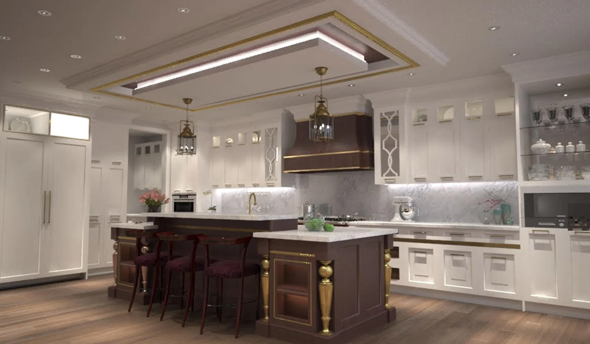 Elegant kitchen with white cabinets, marble countertops, wooden island with gold accents, three chairs, and modern lighting fixtures.