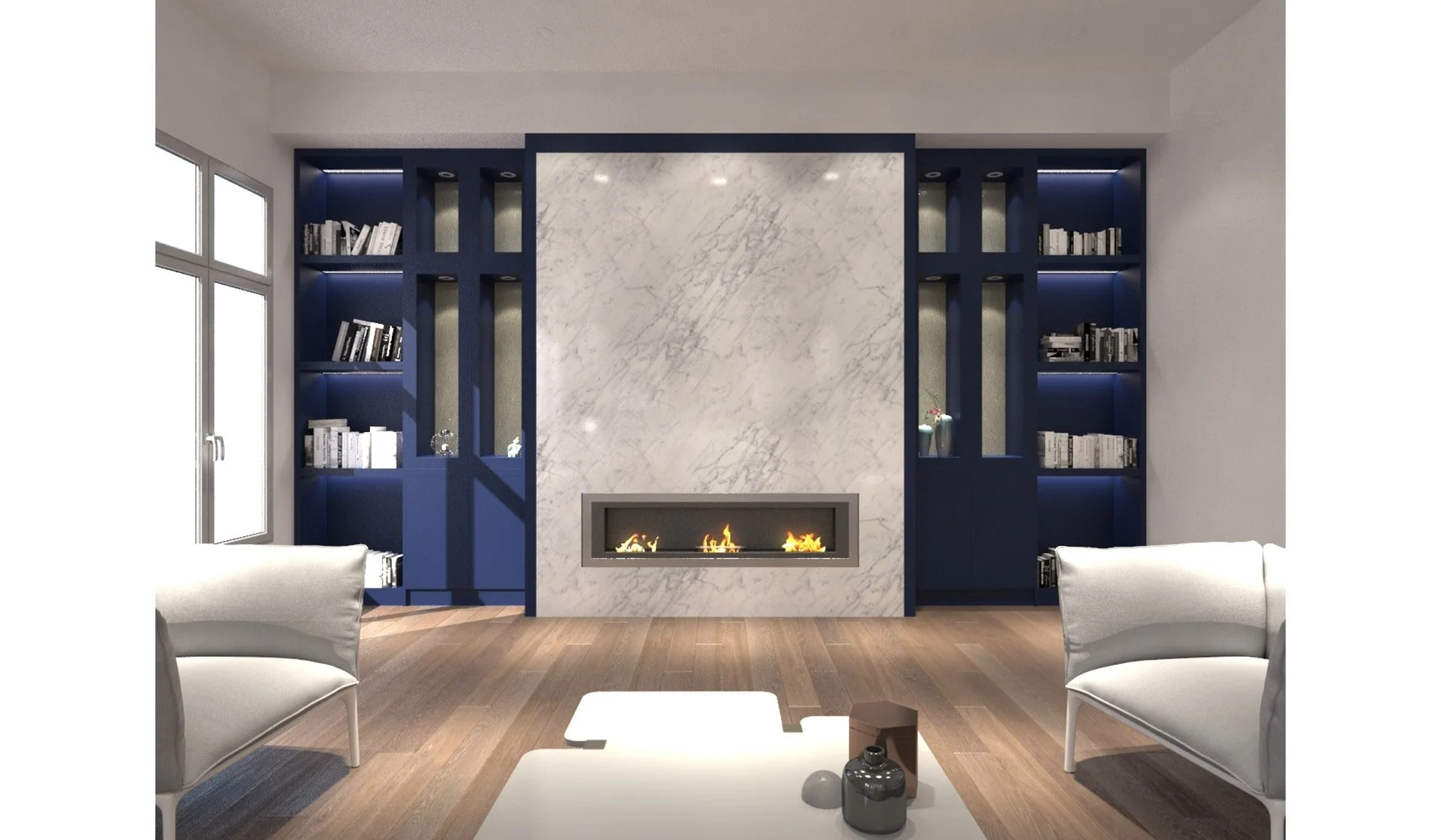 Modern living room with a fireplace centered on a white marble wall. Flanked by blue shelves filled with books, and natural light coming from a window on the left. Two white armchairs and a coffee table with decorative items are in the foreground.