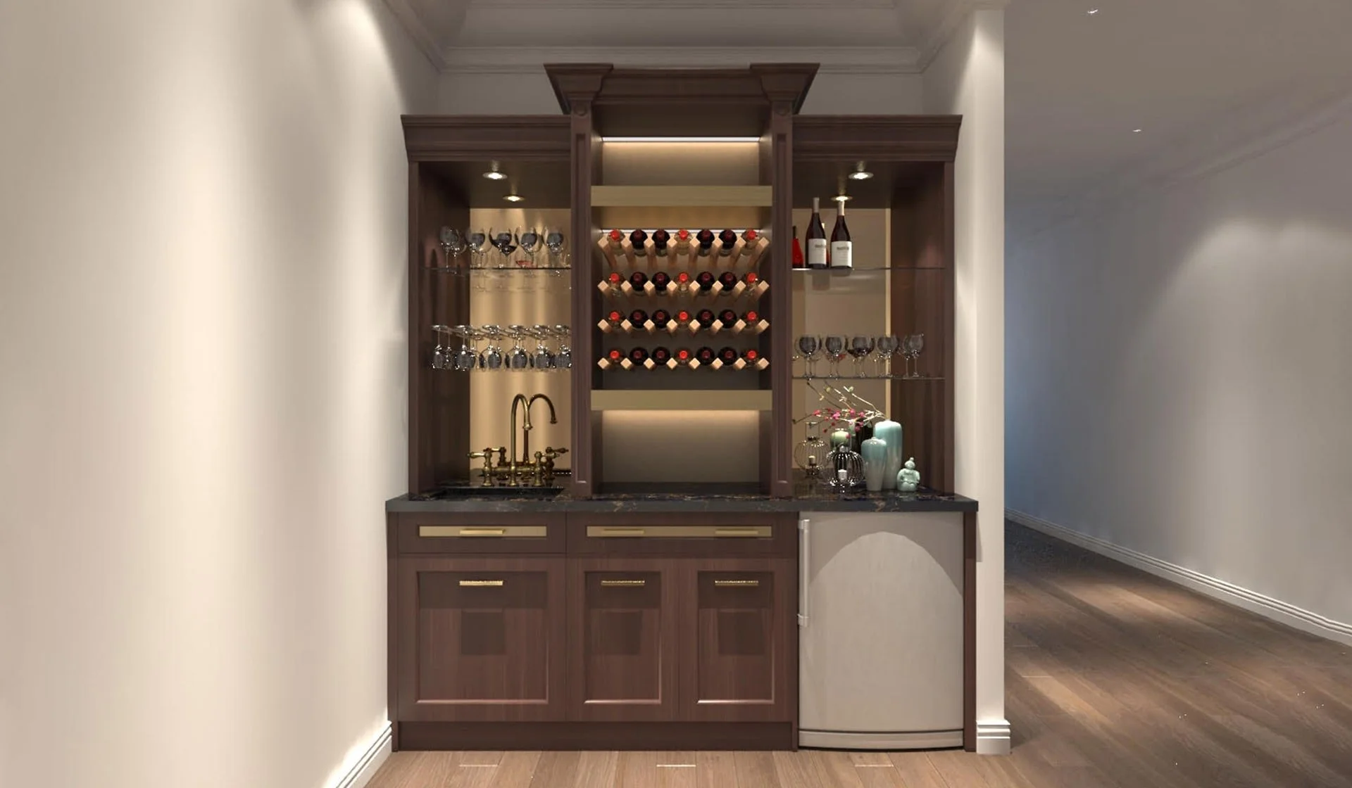 A bar area with wooden cabinetry, wine bottles on racks, wine glasses hanging, a small sink with a brass faucet, and decorative vases with branches, set against off-white walls and hardwood floors.