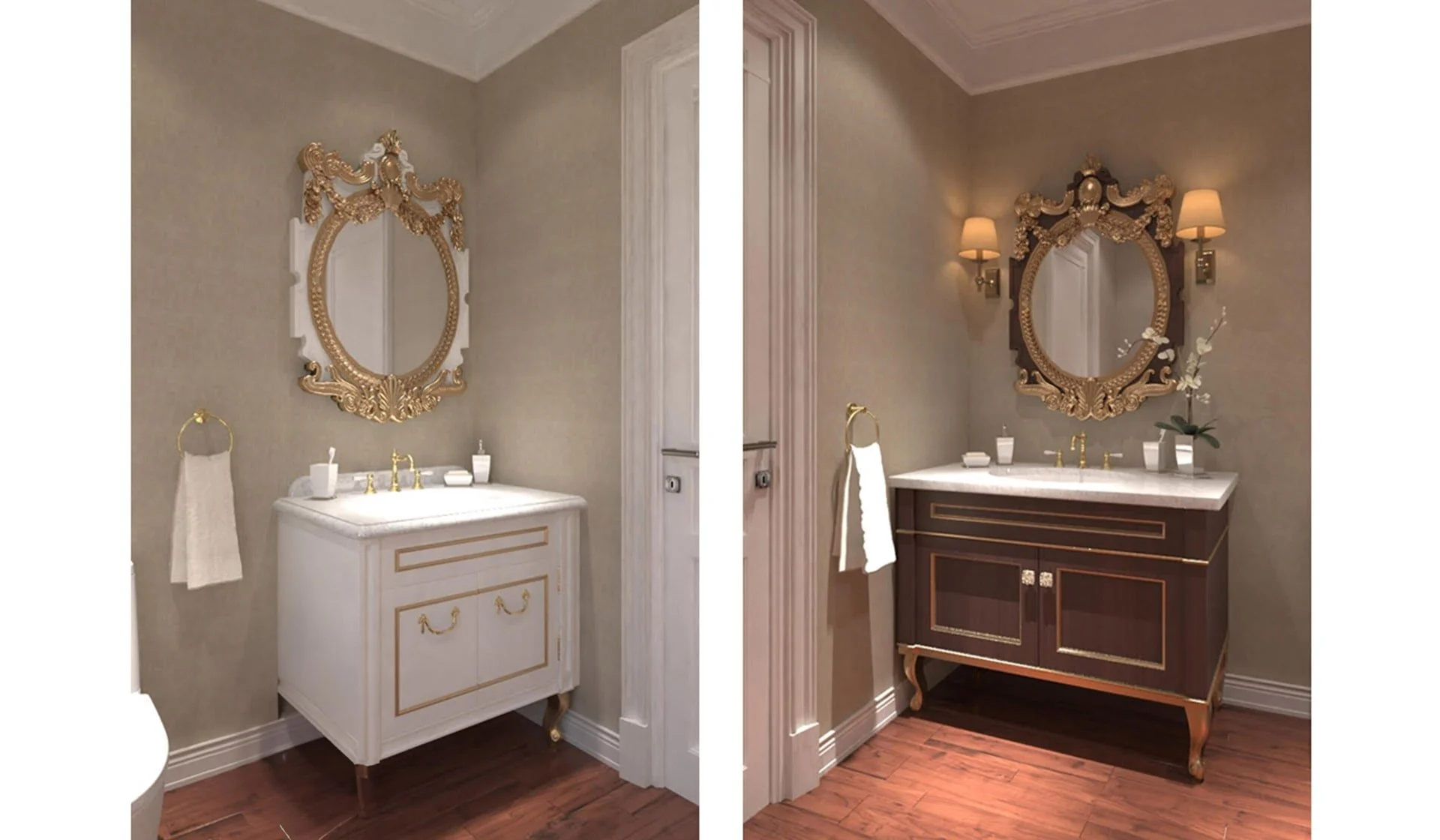 Comparison of two elegant bathroom vanities with ornate gold-framed mirrors, wall-mounted sconces, and decorative accents, one in white and the other in dark wood, both with marble countertops.