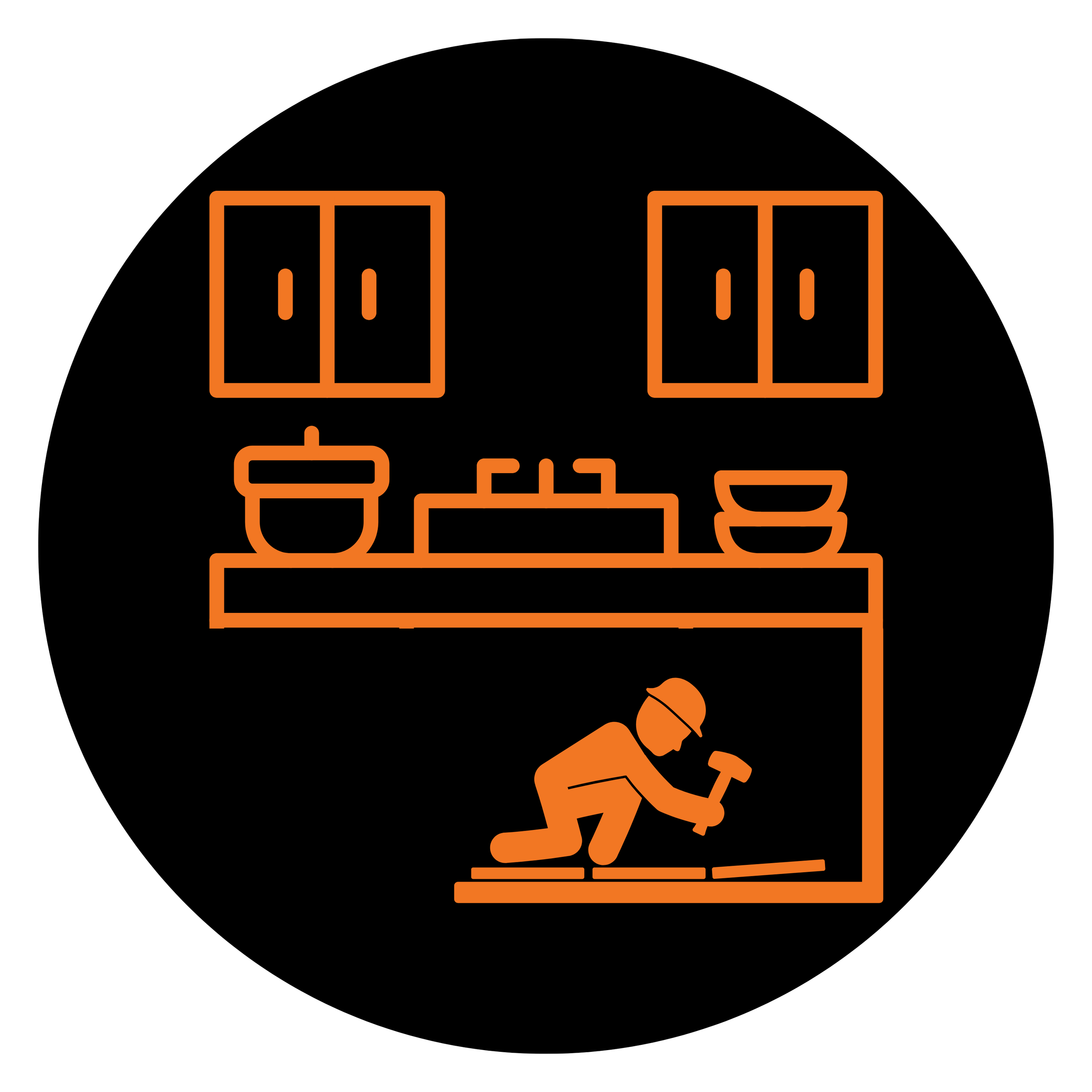 A stylized illustration of a person installing flooring in a kitchen, with cabinets, bowls, and a sink visible above.