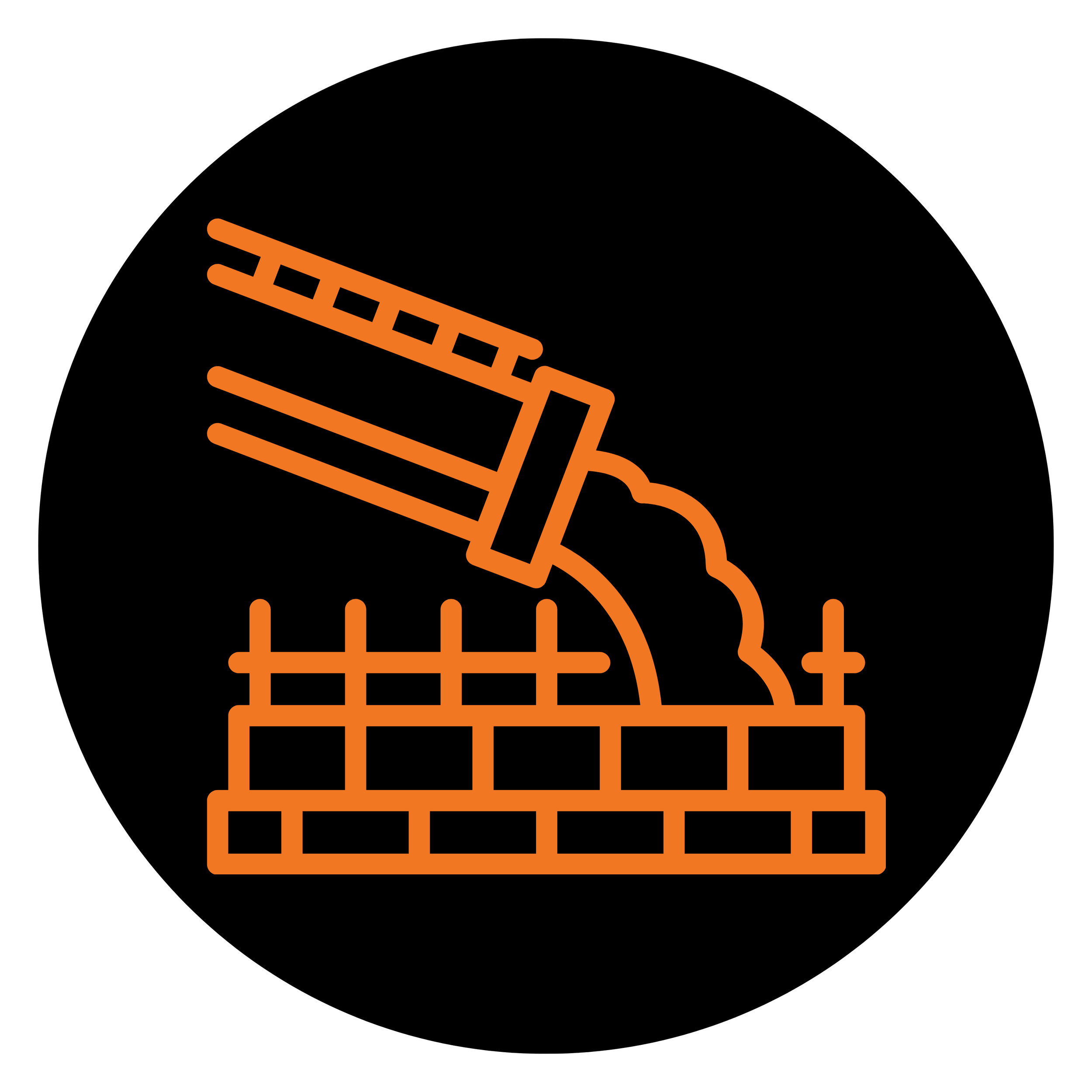 Outline of a trowel and brick wall on a black background.