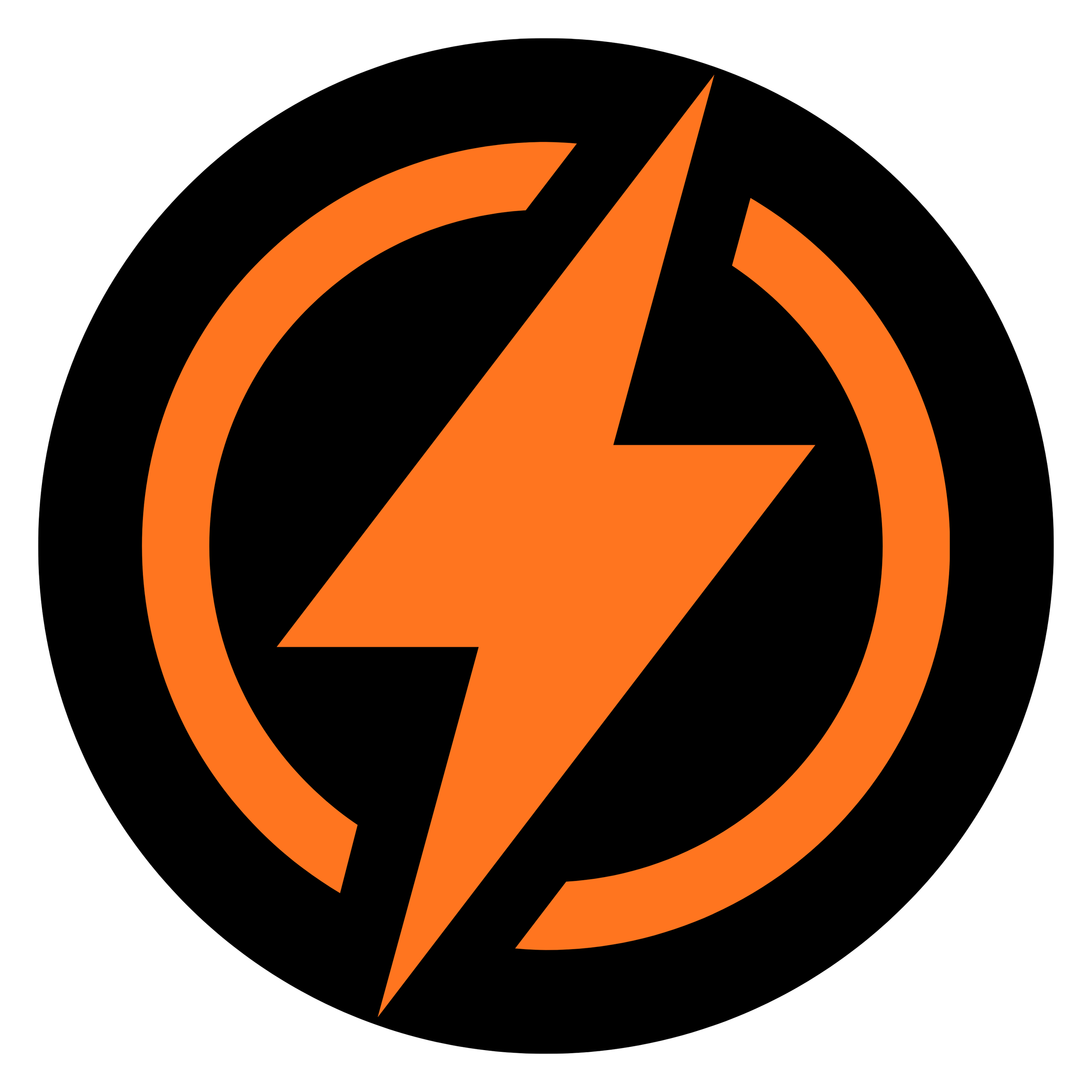 An orange logo featuring a lightning bolt inside a circle on a black background.