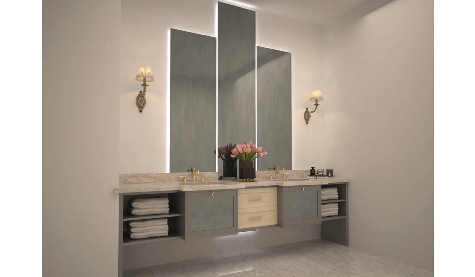 A modern bathroom vanity with a marble countertop, two sinks, gold fixtures, a large mirror with vertical lighting, and wall-mounted sconces on each side. There are shelves with folded towels and a vase of pink flowers.