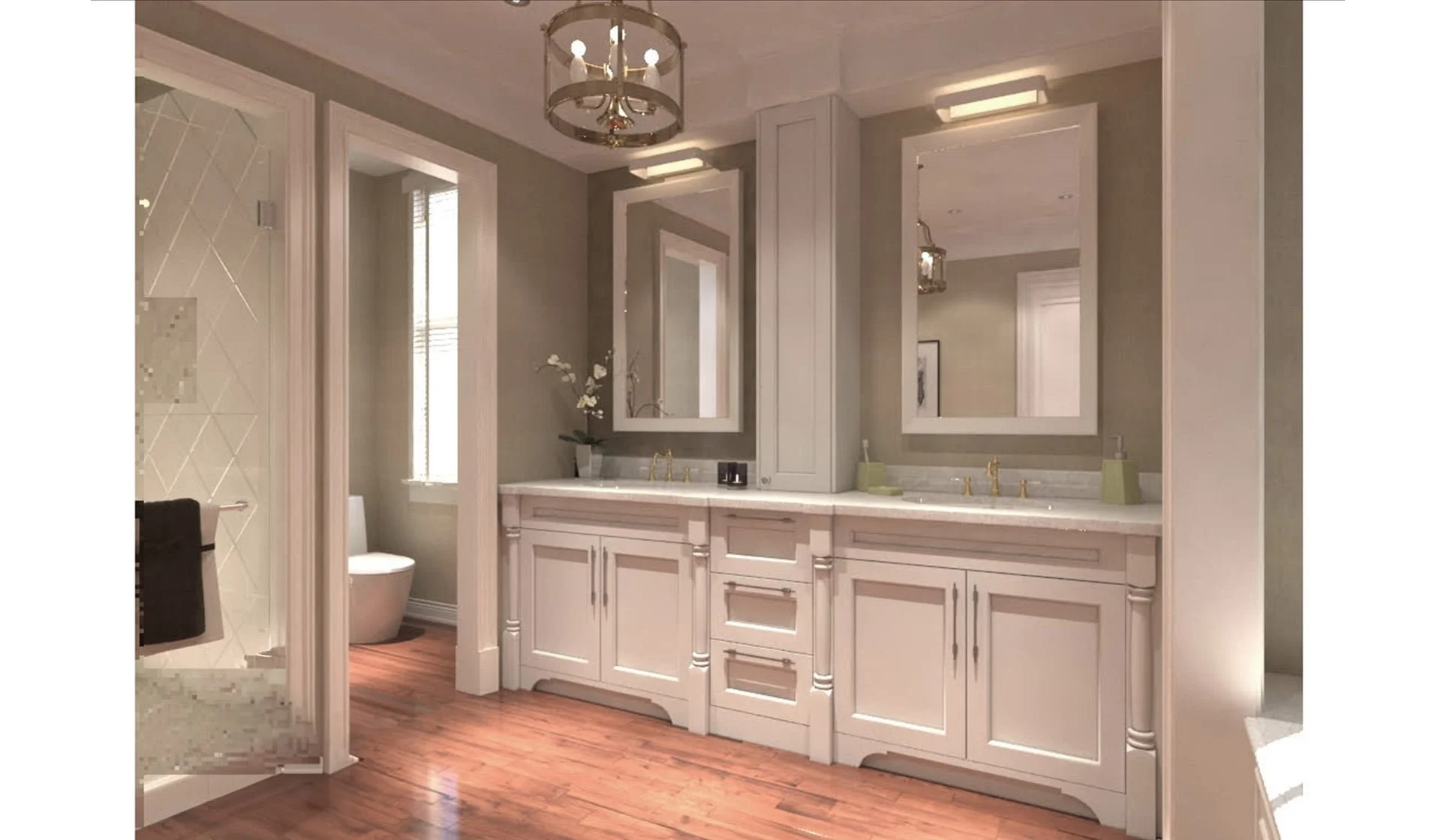 A bathroom with a double vanity, large mirrors, and gold fixtures. To the left, there is a glimpse of a shower area and a separate toilet room with a window.